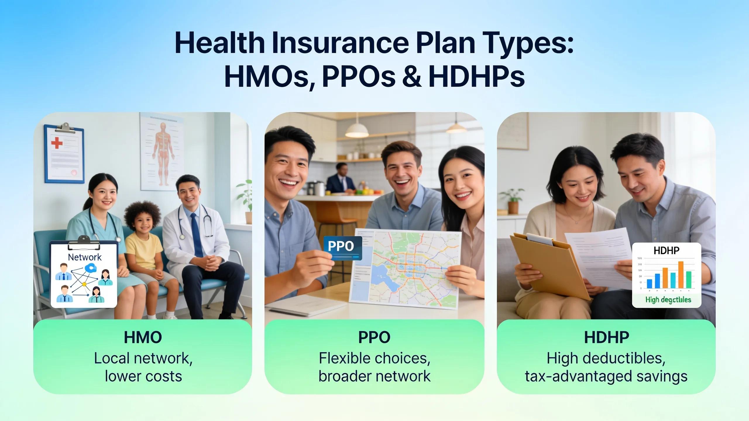 Visual representation of different health insurance plans including HMOs, PPOs, and HDHPs