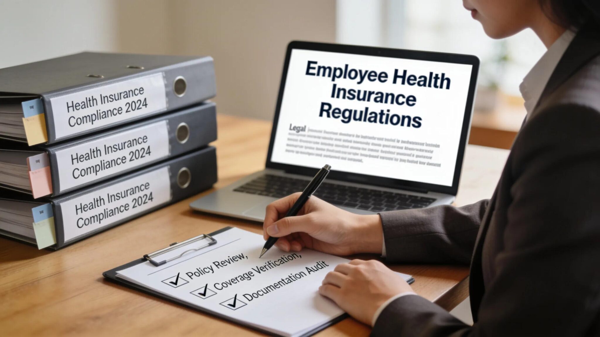 Health insurance binders and laptop displaying employee health insurance regulations and compliance review.