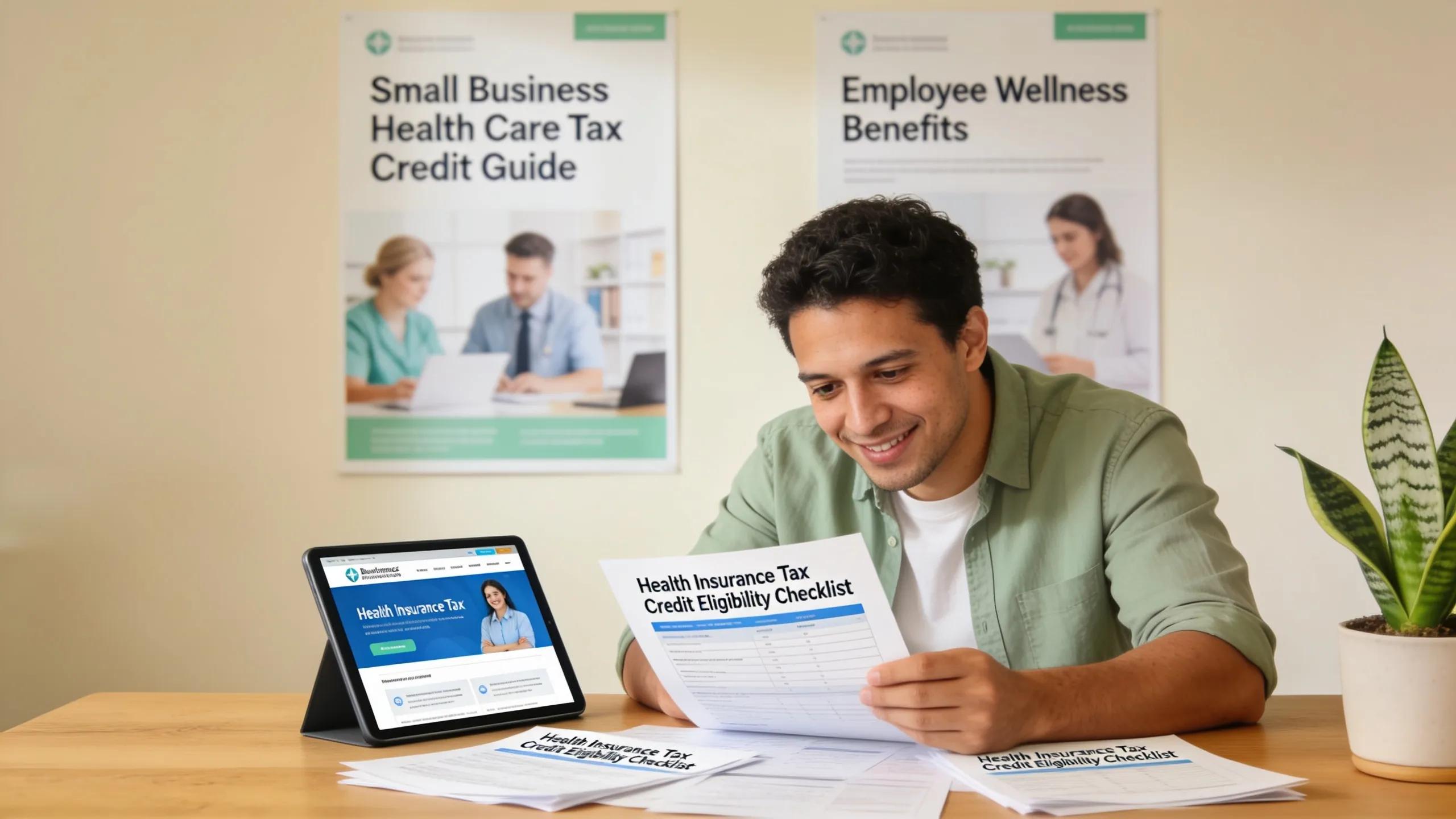 Business owner reviewing health insurance tax credit eligibility criteria in a professional setting