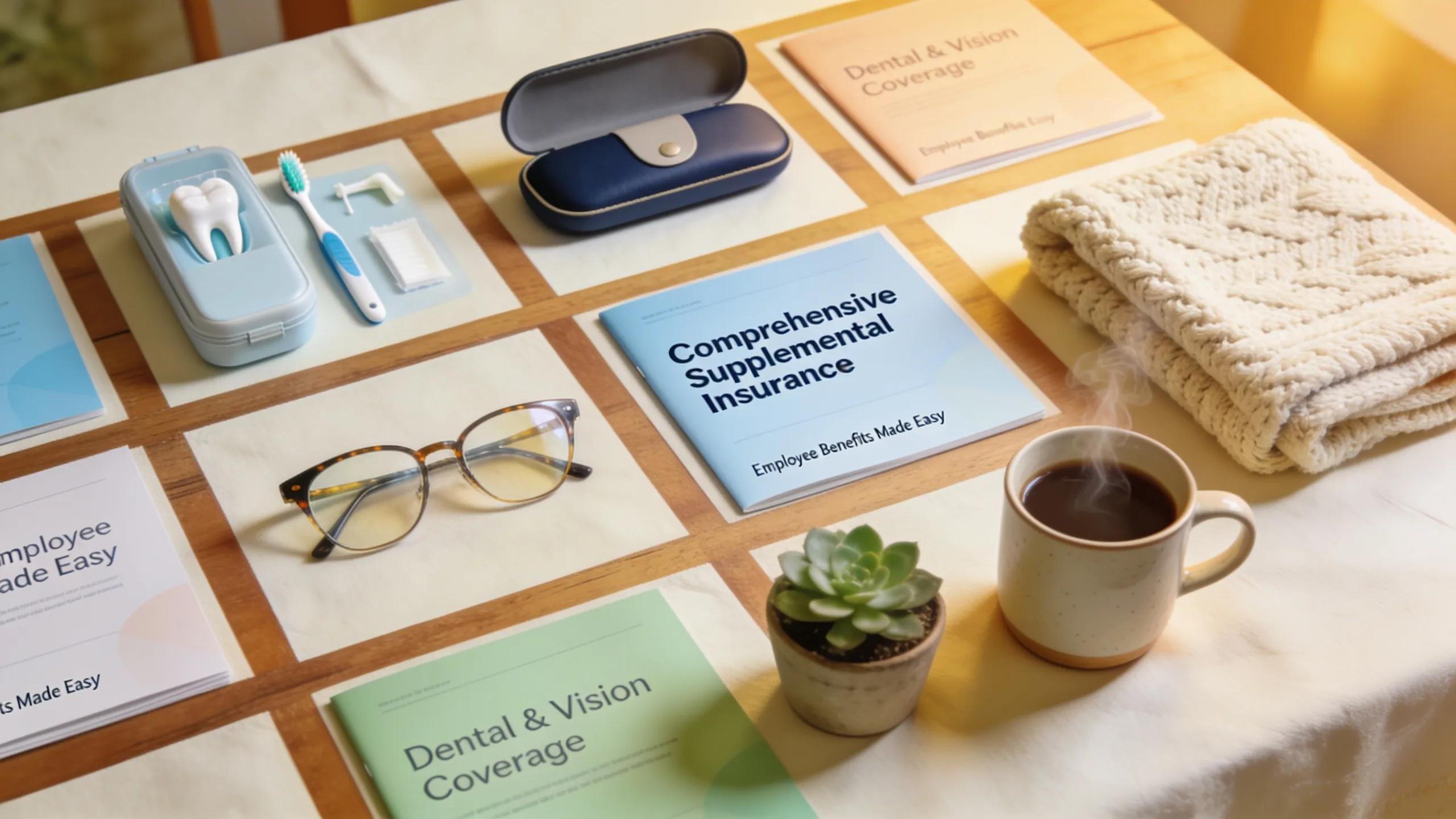 An arranged display of dental and vision care products highlighting supplemental insurance options for employees
