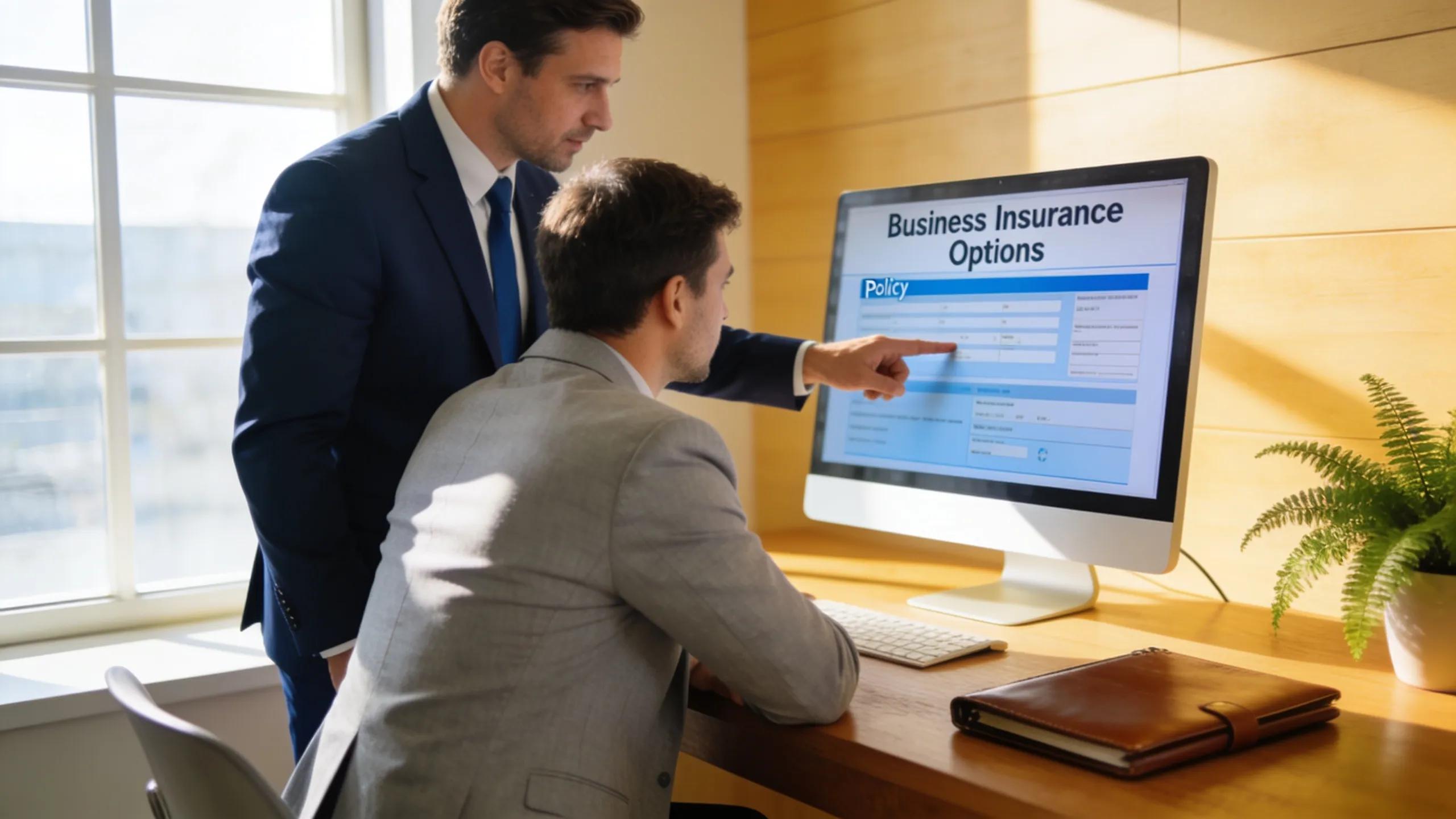 Insurance broker advising a client on business insurance options in a professional office setting