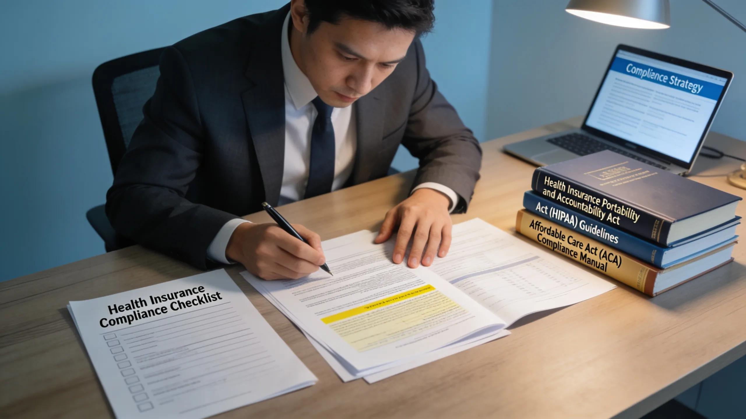 Compliance officer reviewing health insurance compliance documents in a modern office setting