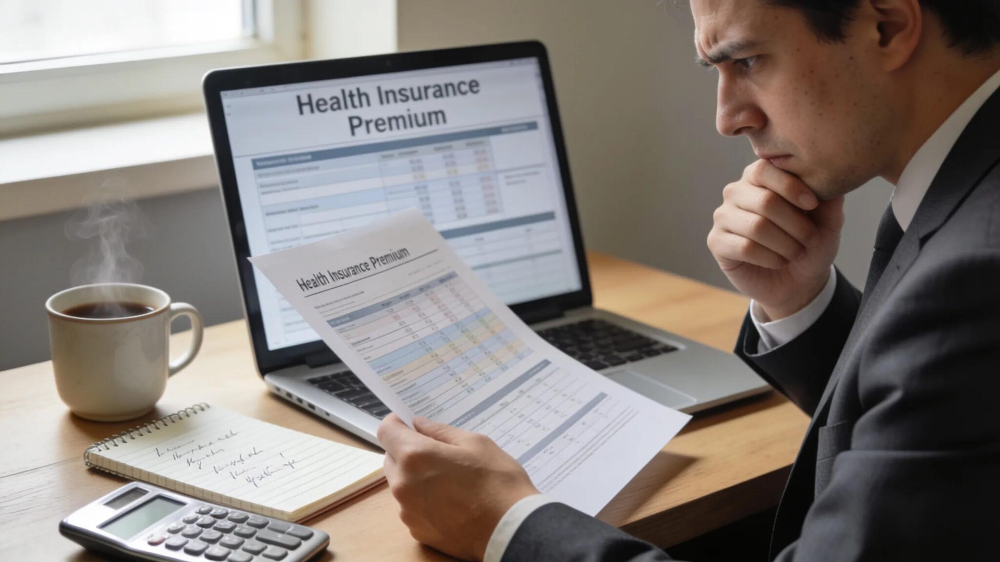 Business professional reviewing health insurance expenses at a desk