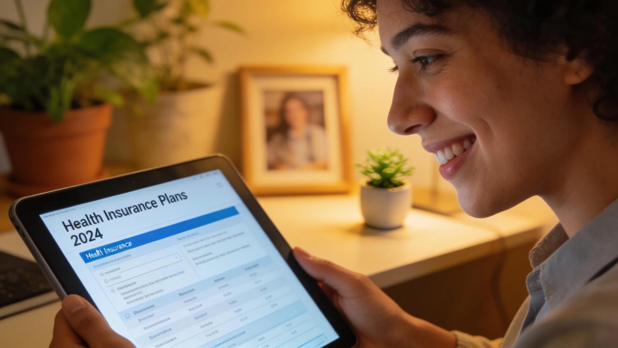 Employee happily reviewing health insurance options on a tablet in a positive workspace