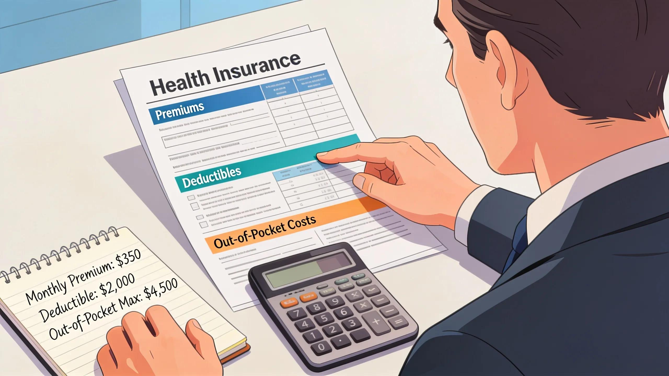 Employee budgeting for health insurance expenses with documents and a calculator