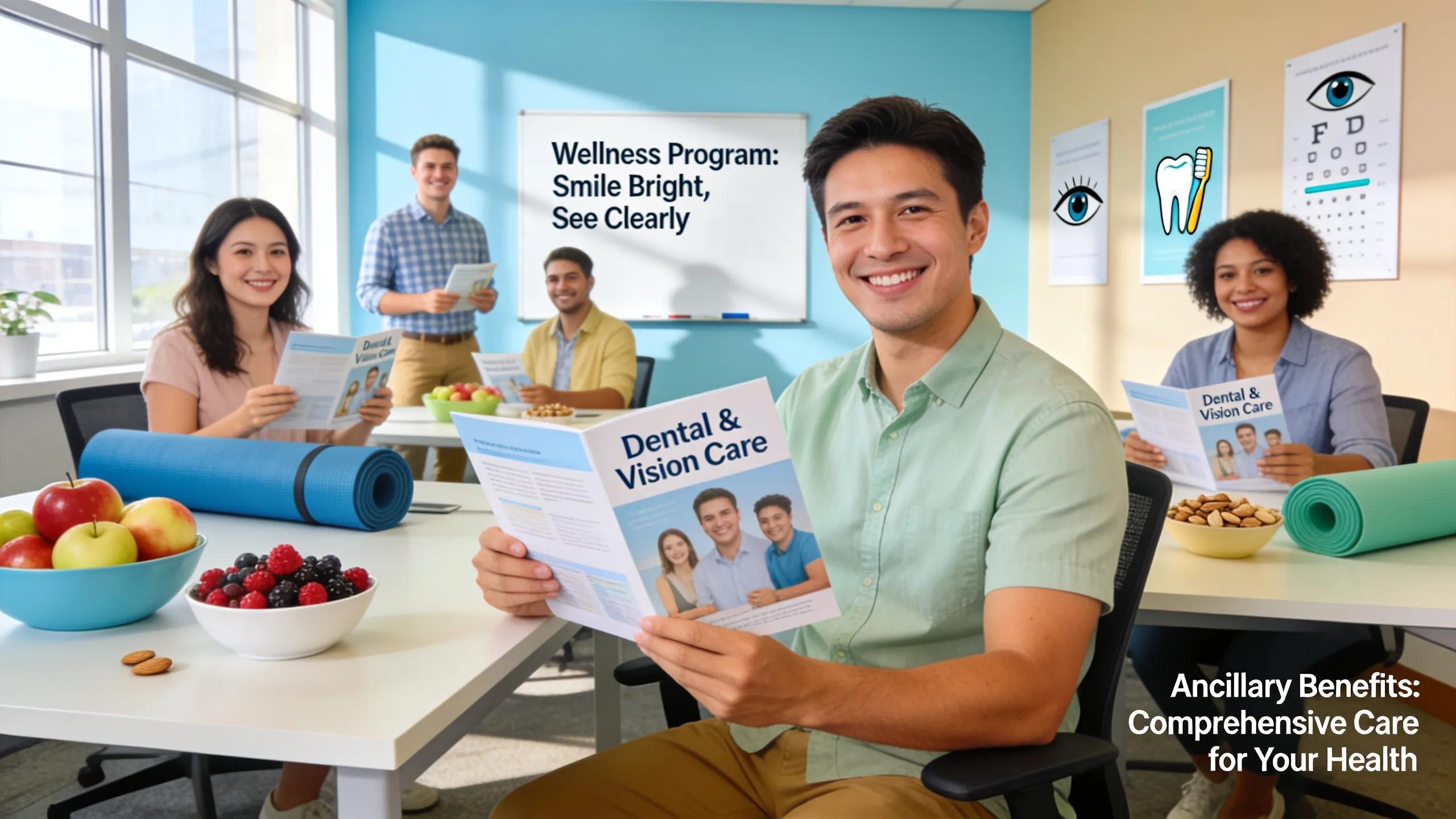Employees participating in a wellness program at work, emphasizing the importance of ancillary benefits like dental and vision care for employee retention.