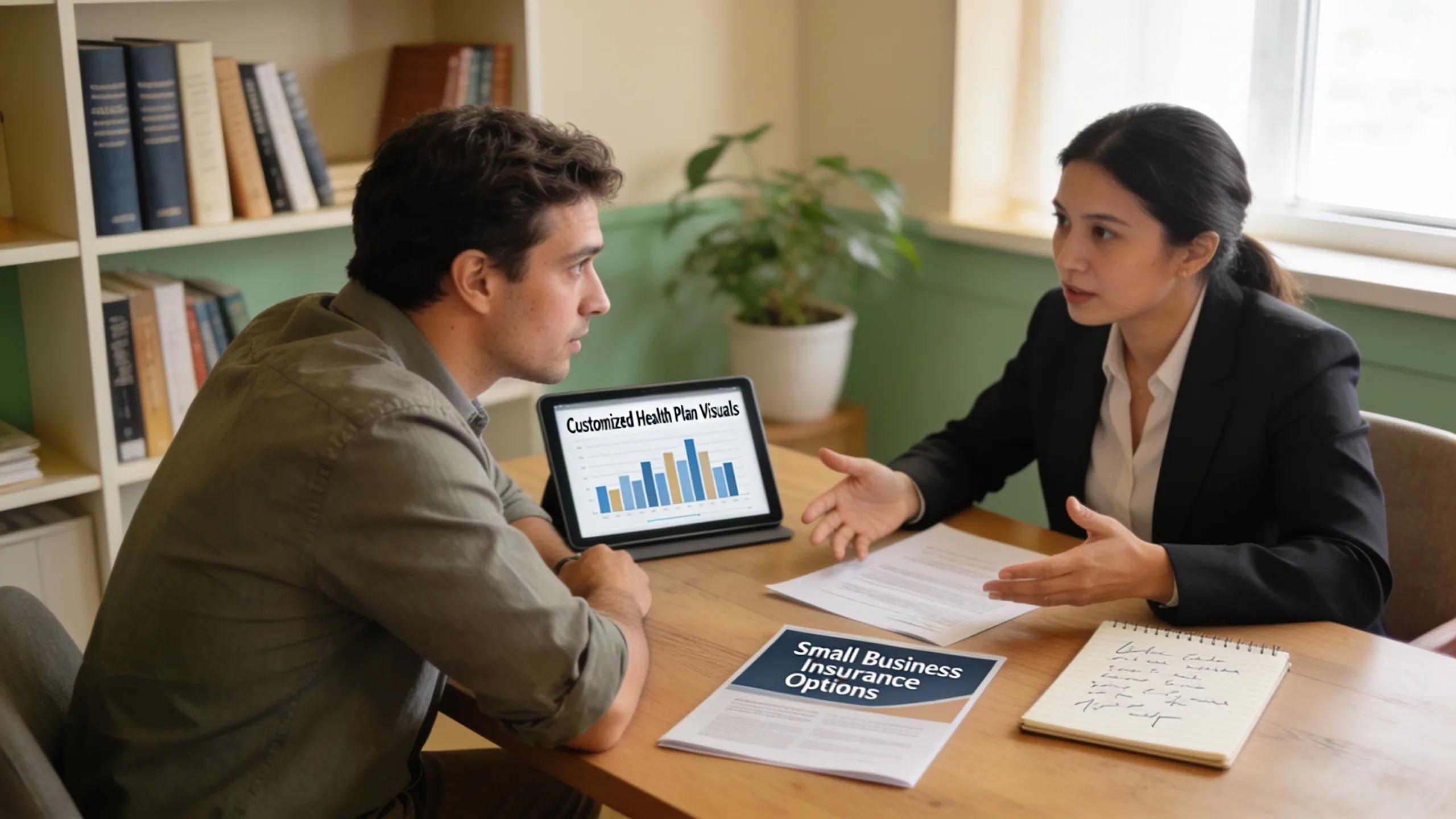 Small business owner consulting with an insurance advisor about customized health plans