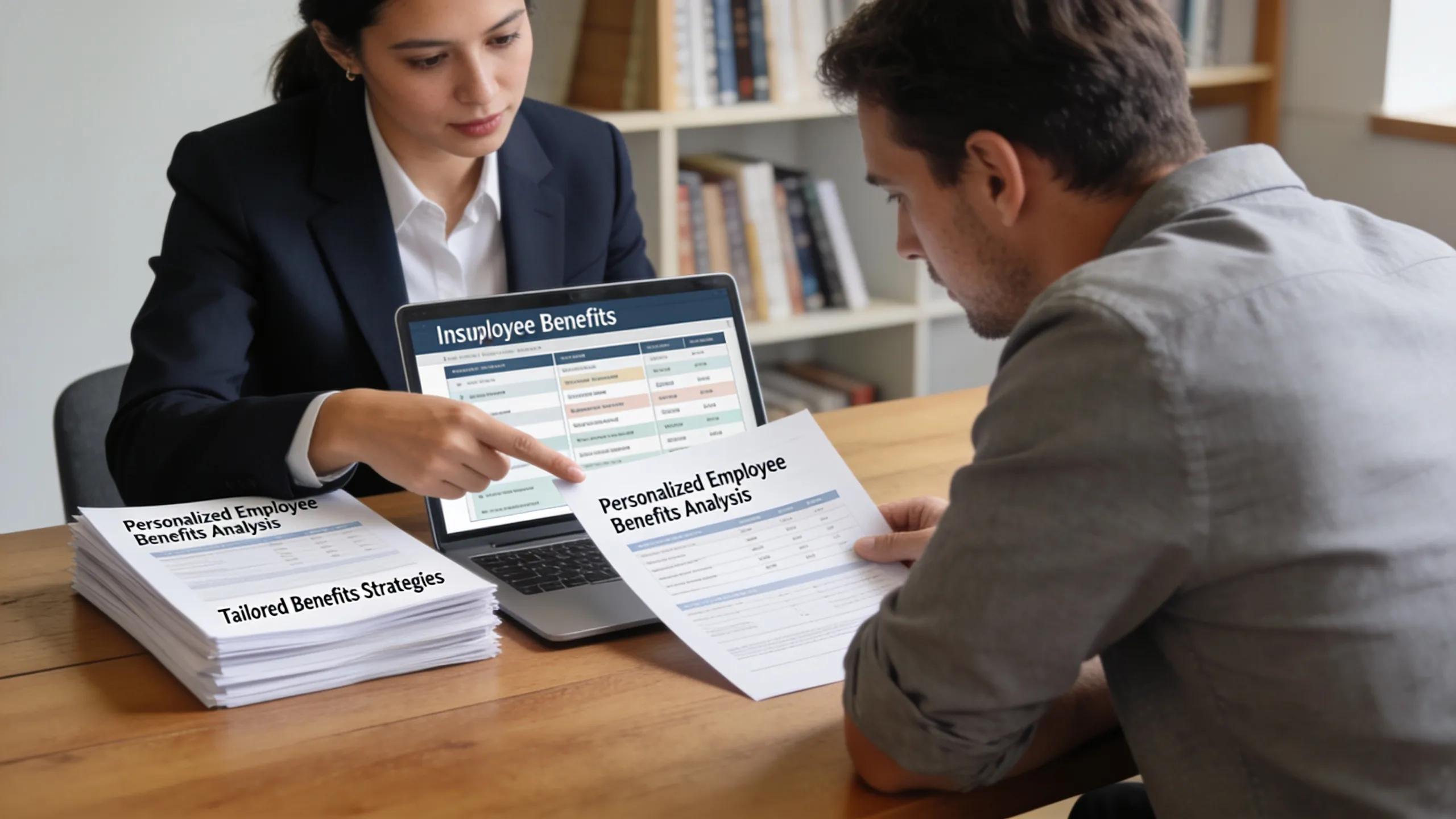 Employee benefits consultant presenting customized insurance strategies to a small business client.