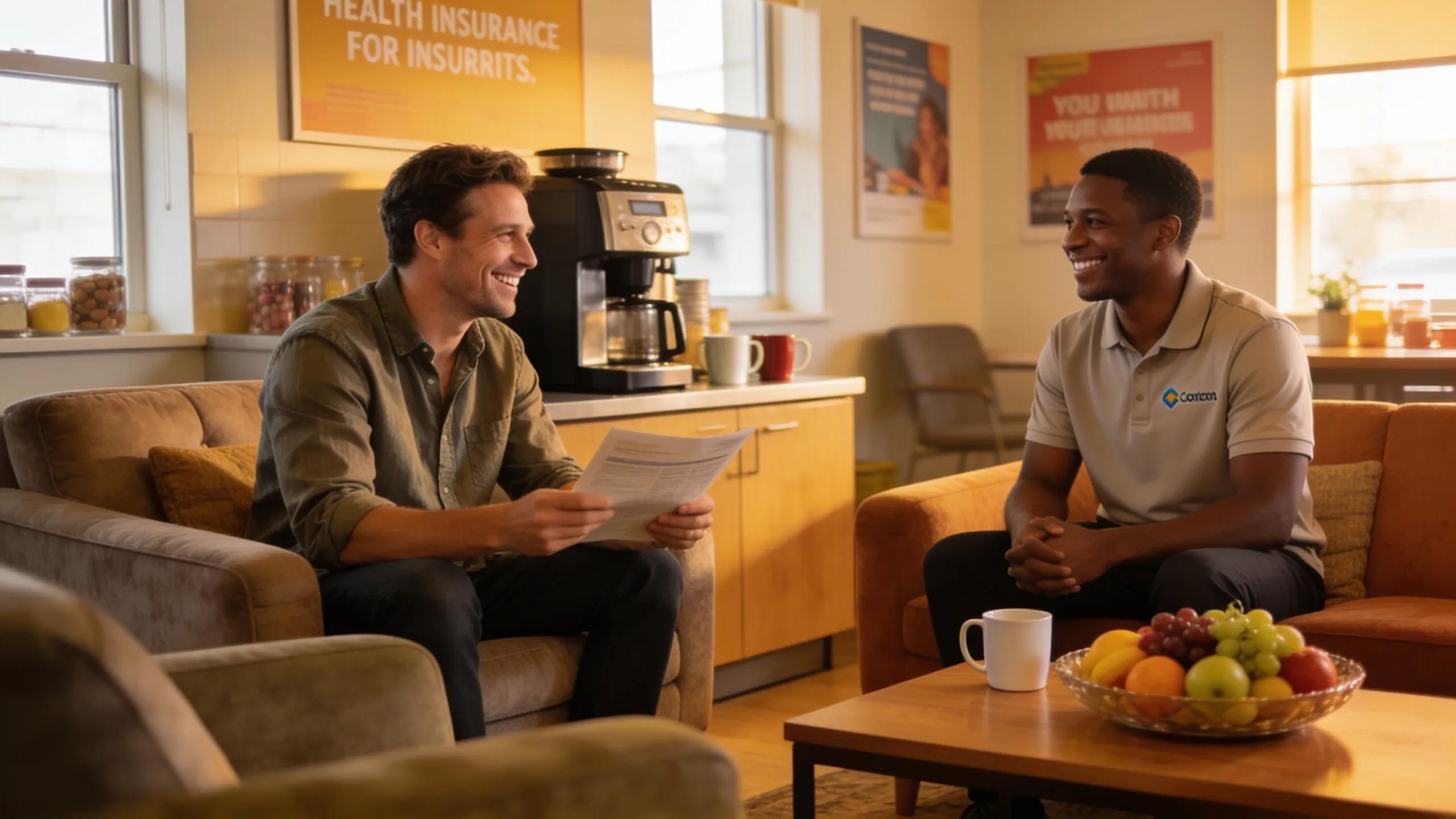 Small business owner showcasing health insurance benefits to an employee in a relaxed breakroom