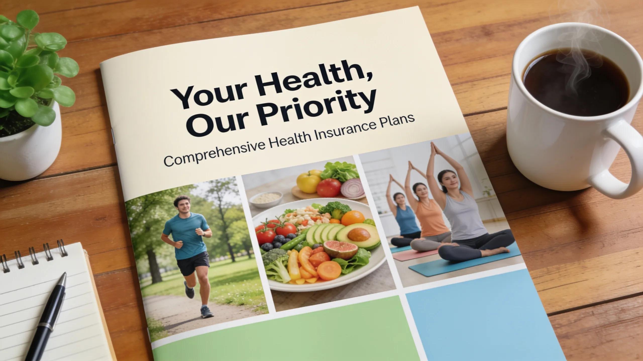 Healthcare provider brochure with lifestyle images on a desk highlighting various group health insurance plans