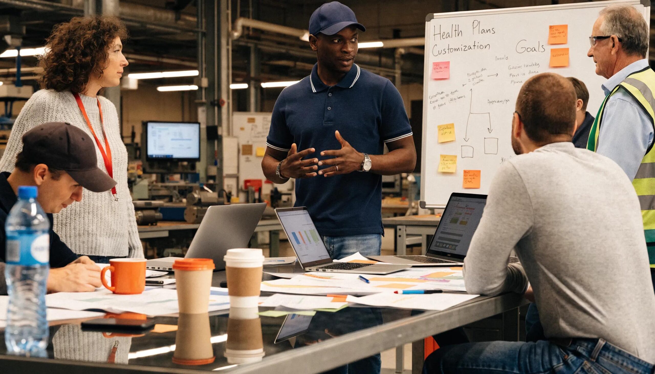 Manufacturing team discussing customized health plans around a table with notes and diagrams in a strategy meeting