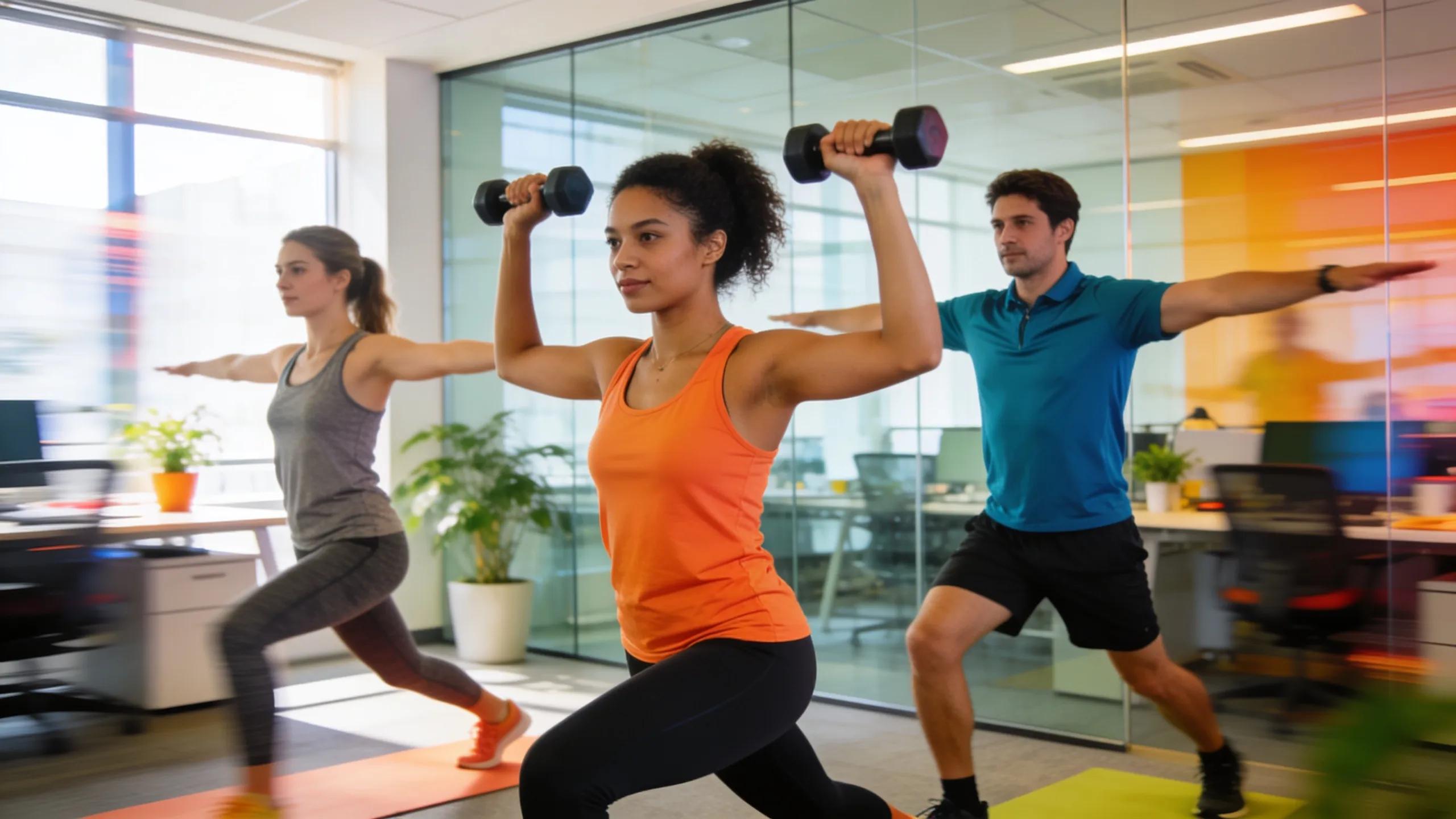 Employees participating in a wellness program together in a dynamic and engaging office environment