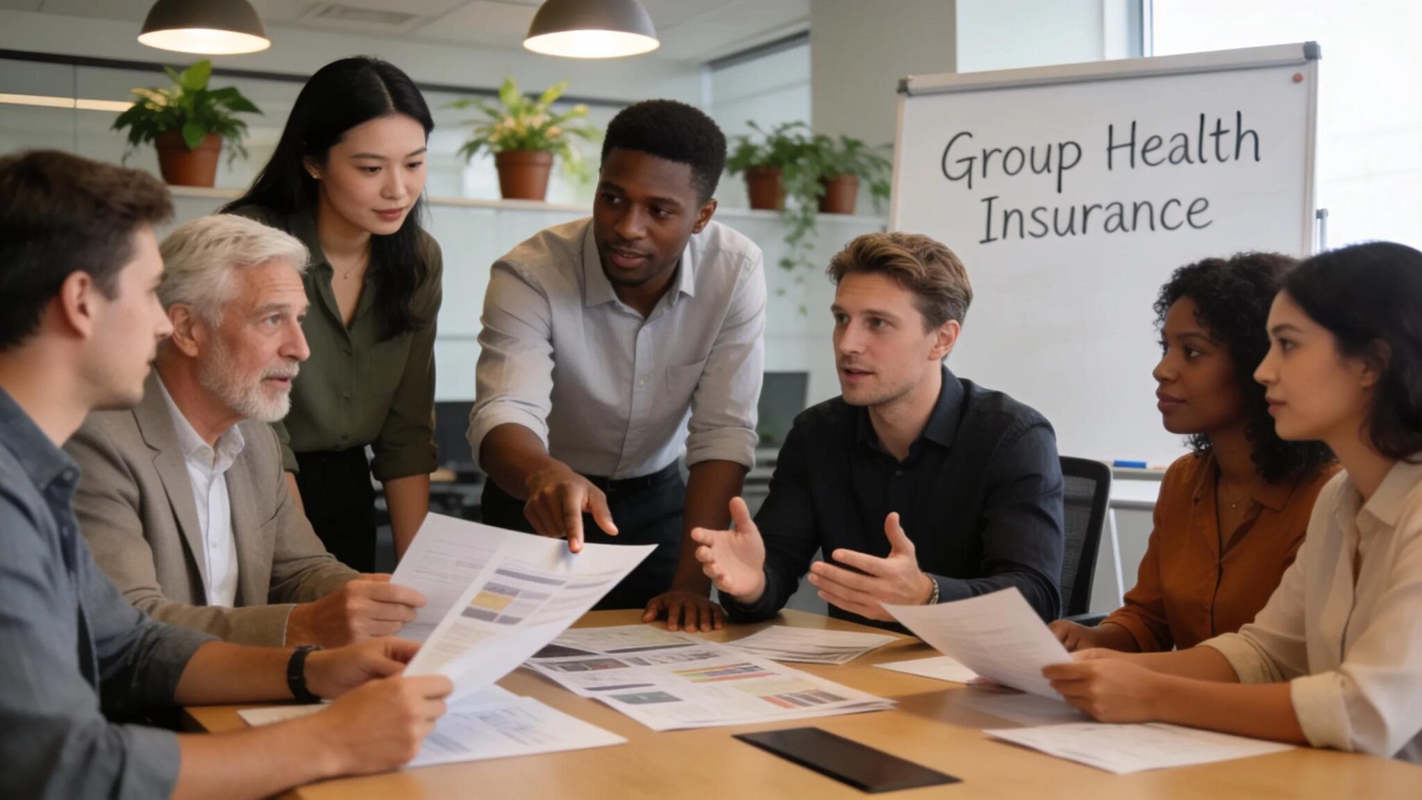 Group health insurance discussion among CFH Insurance Consultants team in Bloomfield Hills, Michigan.