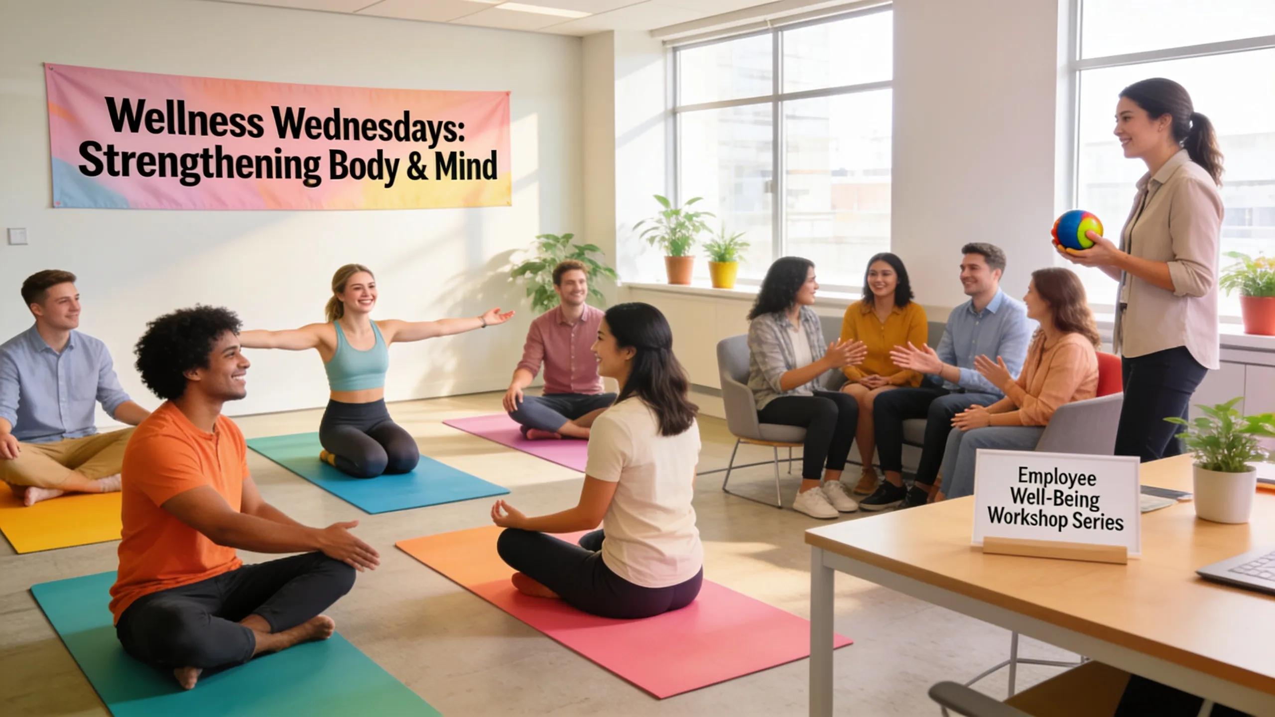 Employees participating in a workplace wellness program, showcasing group fitness in an office environment