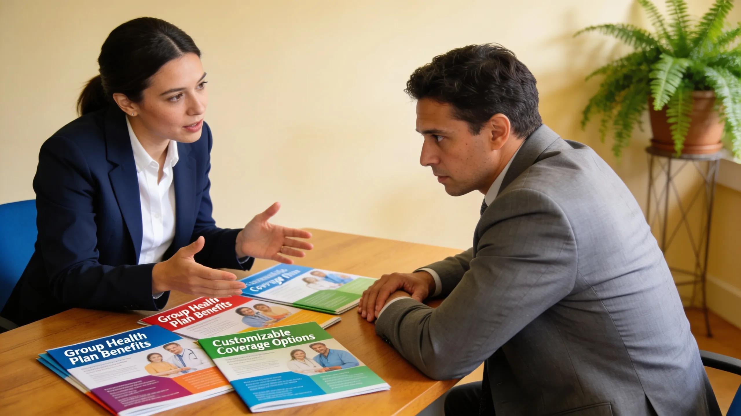 Healthcare professional presenting group health plan options to a small business owner