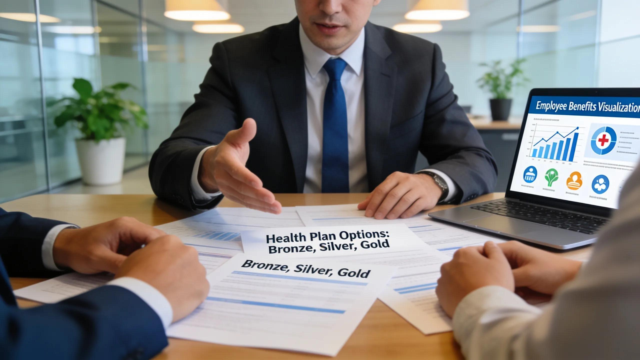 Business professionals reviewing strategic corporate health plans in an office
