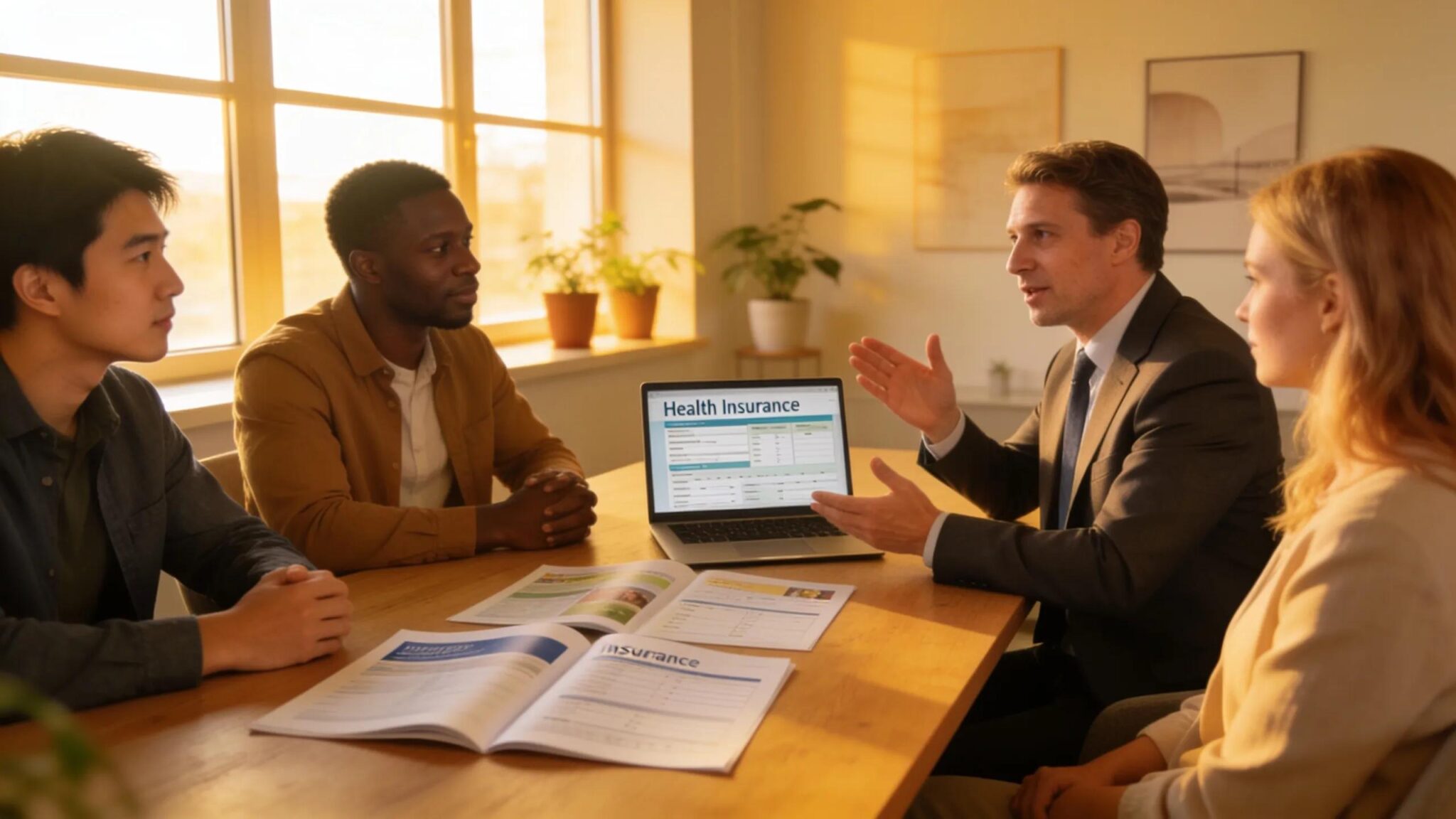 Group of professionals discussing health insurance premiums on laptop.