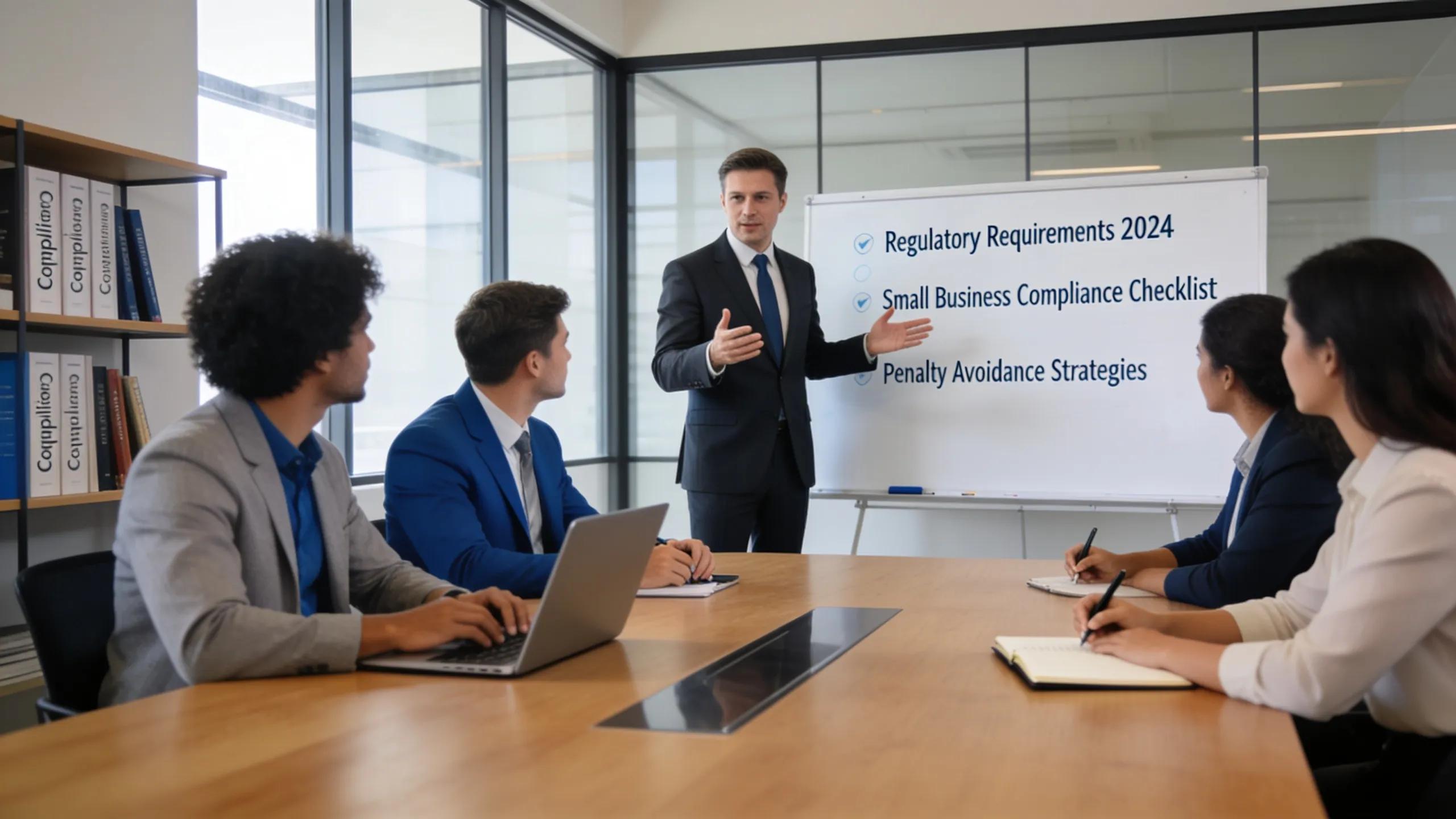 Consultant presenting regulatory compliance guidelines to small business owners in a conference room