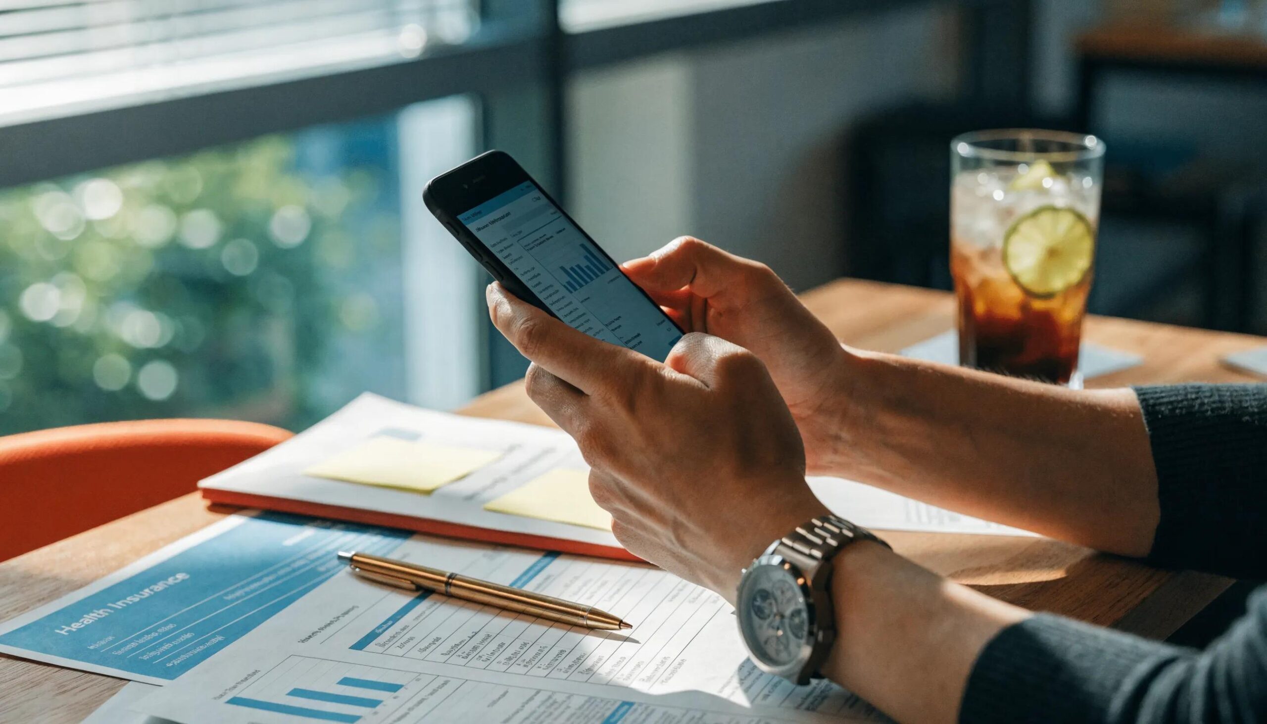 Small business owner reviewing group health insurance options in a modern office context