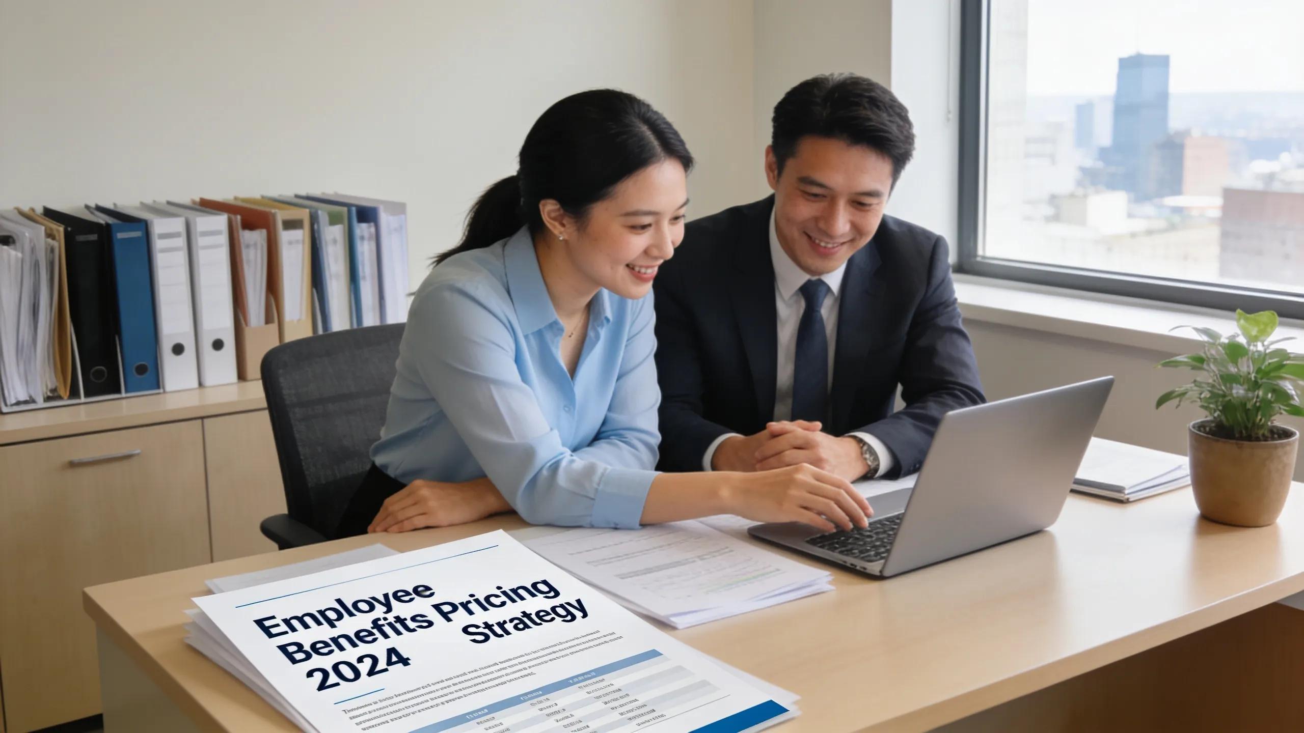 HR manager and insurance consultant collaborating on employee benefits pricing strategies in a modern office