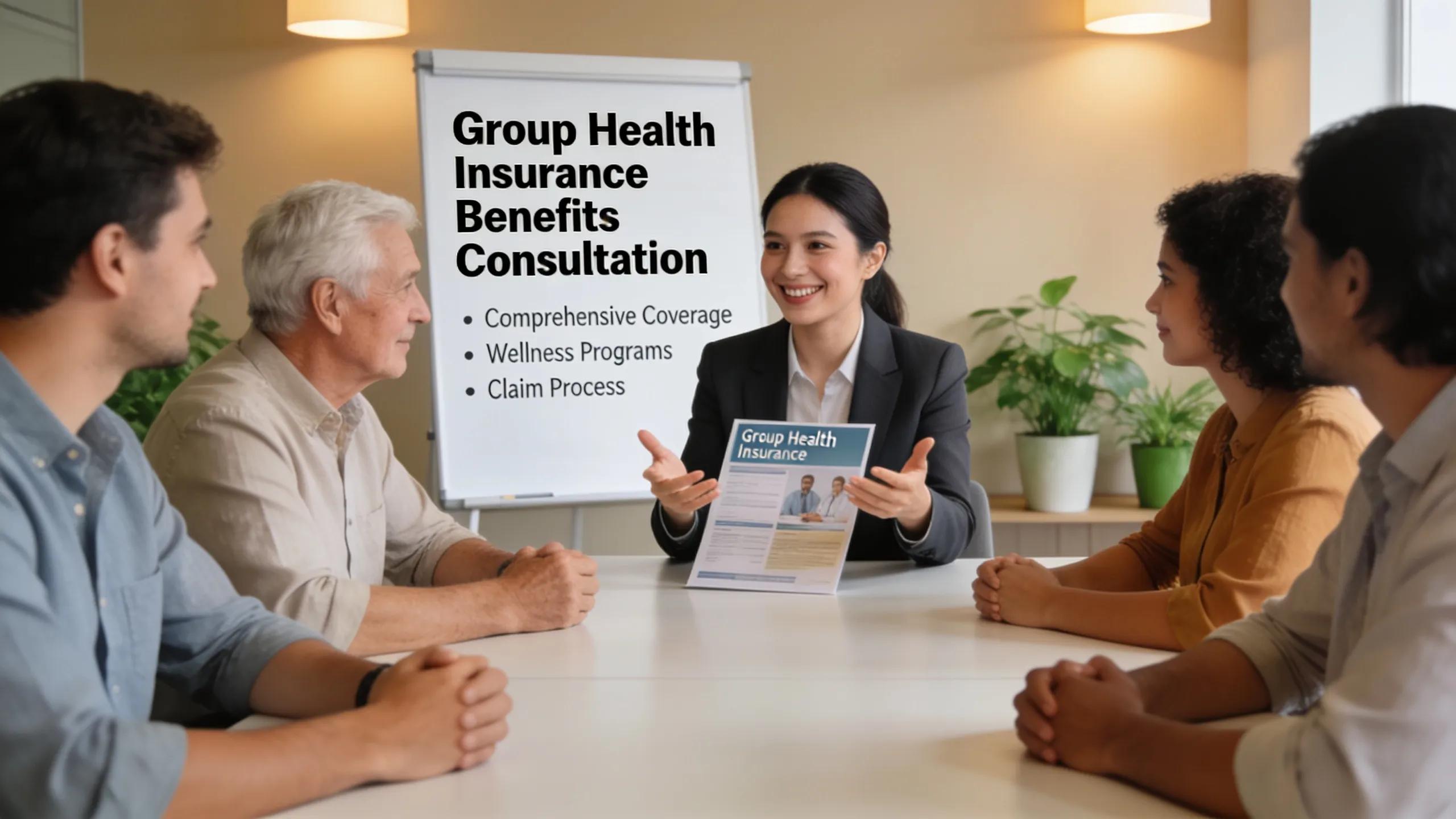 An insurance agent explaining group health insurance plans to a diverse group of employees in a consultation