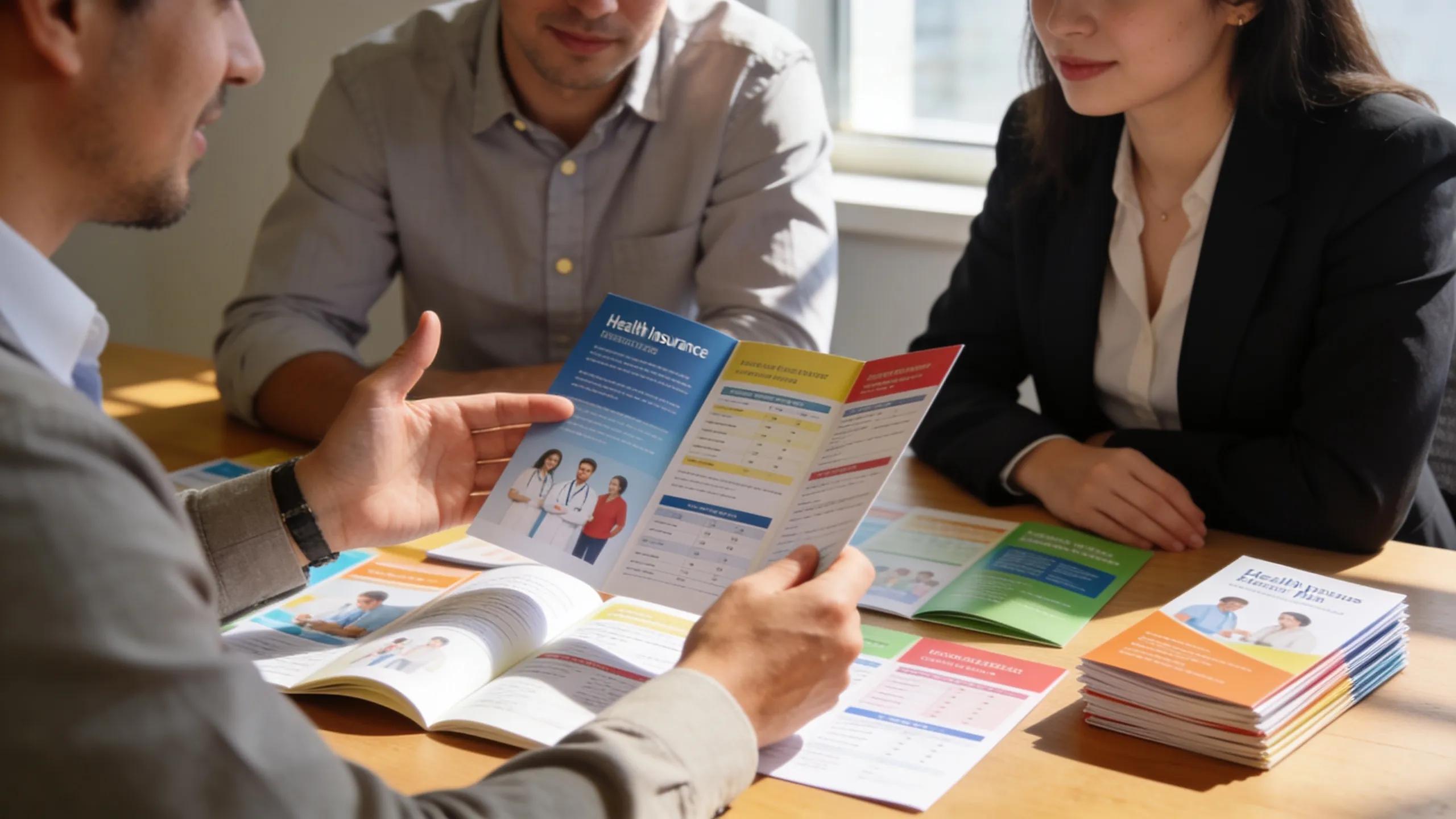 Insurance broker explaining various group health insurance plans to small business owners