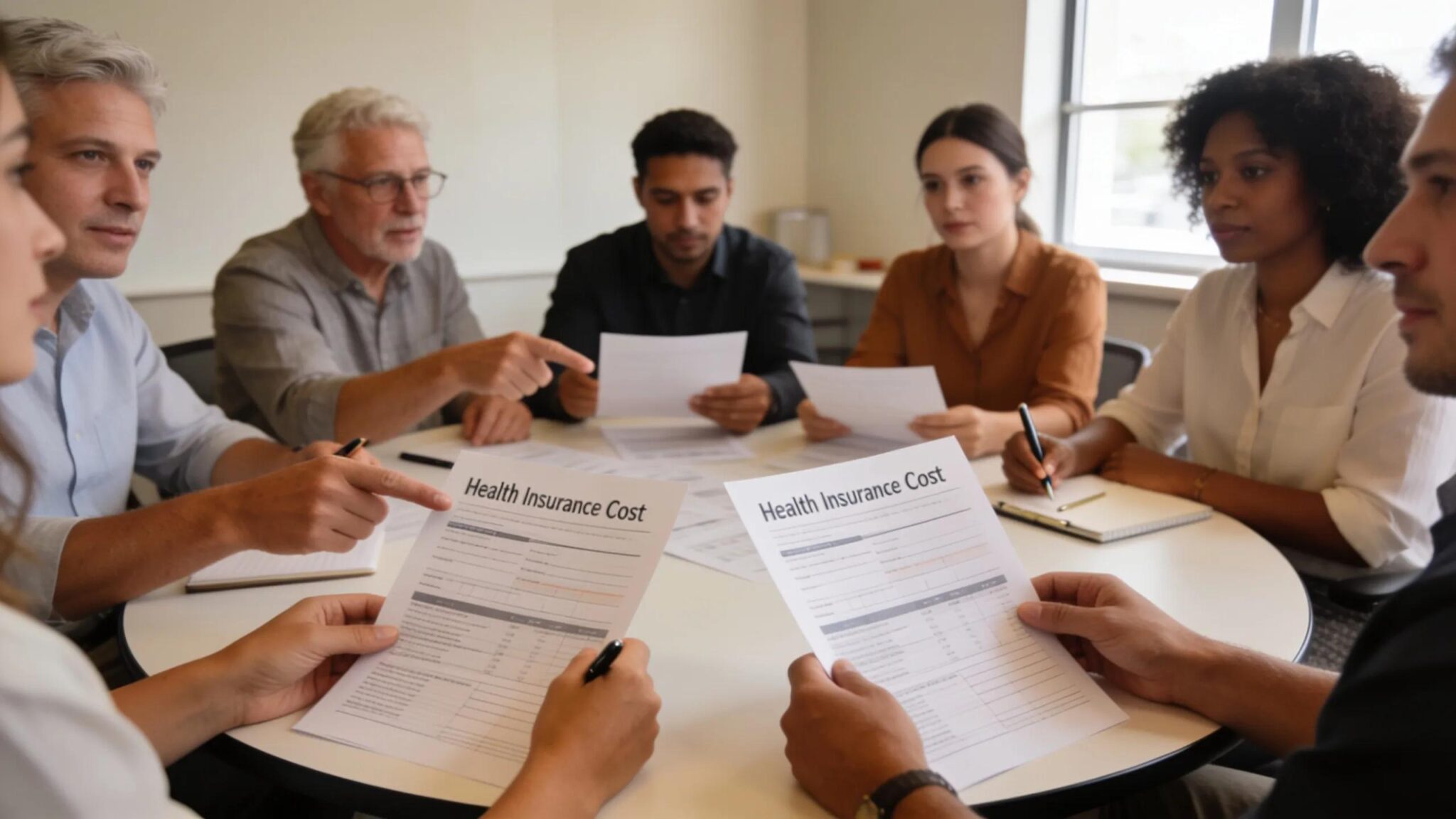 Group of professionals discussing health insurance cost analysis and plan comparisons.