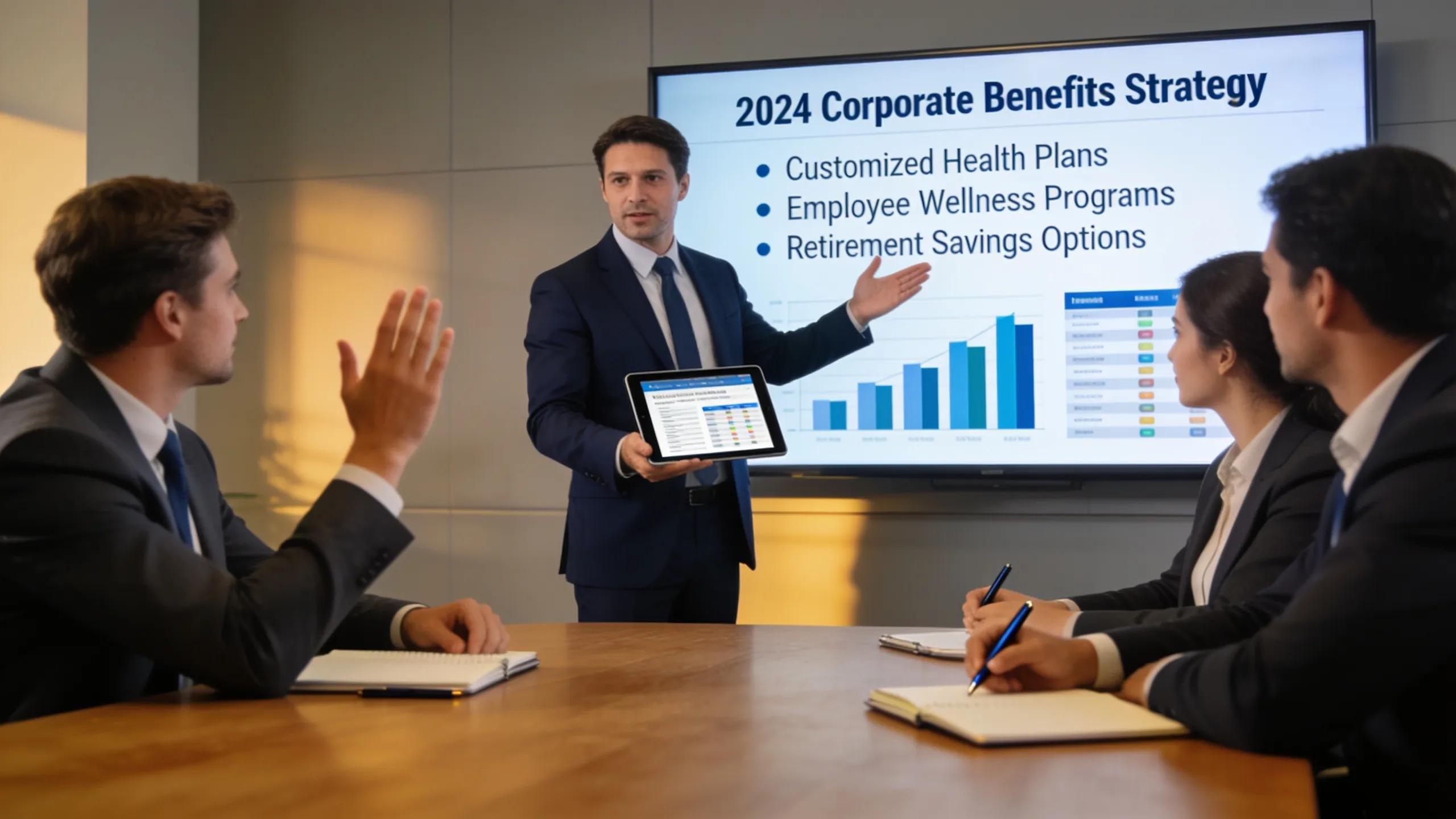 Corporate consultant presenting employee benefits strategy to business leaders in a modern conference room