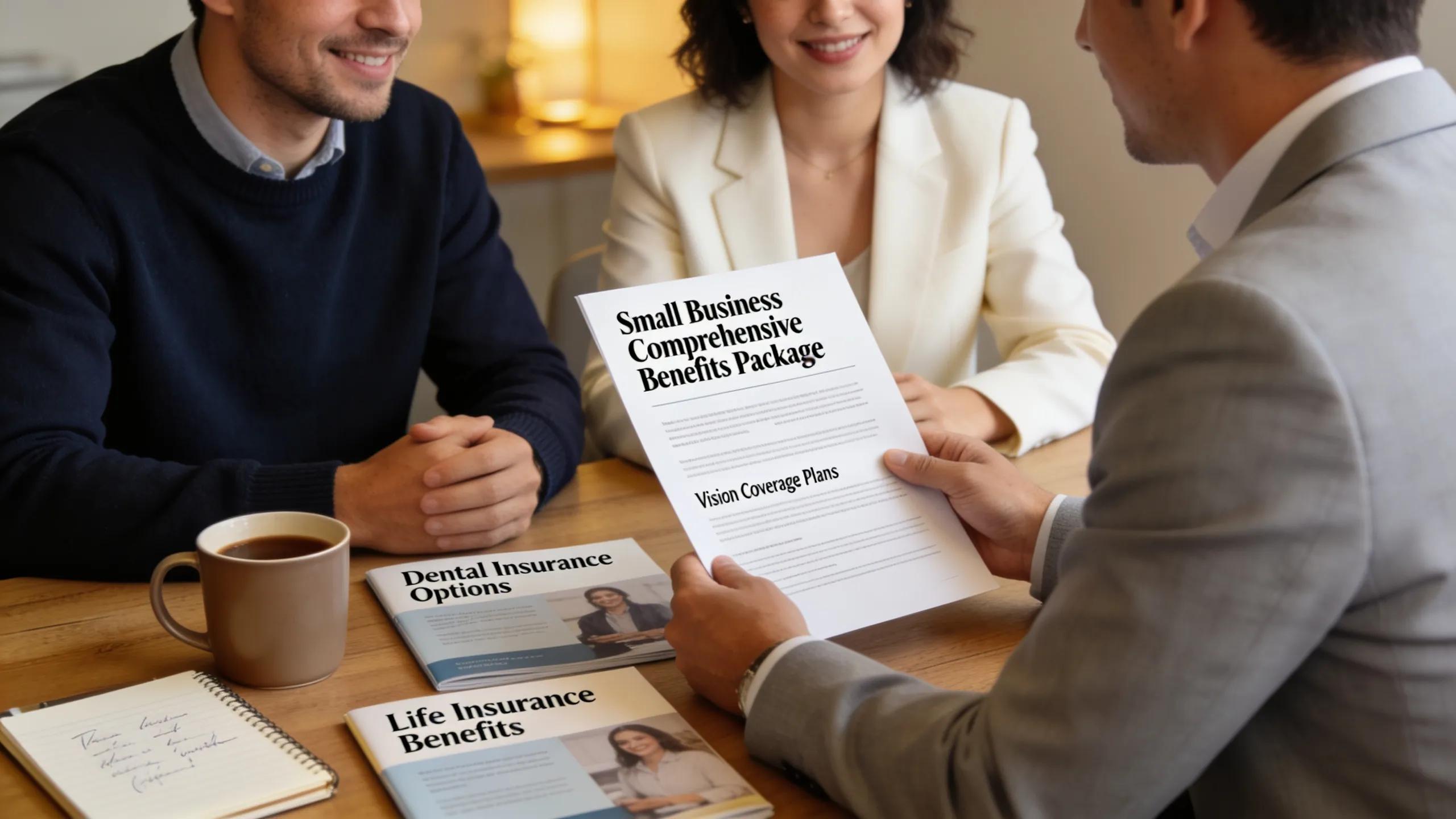 Small business owners consulting with an expert on comprehensive employee benefits packages