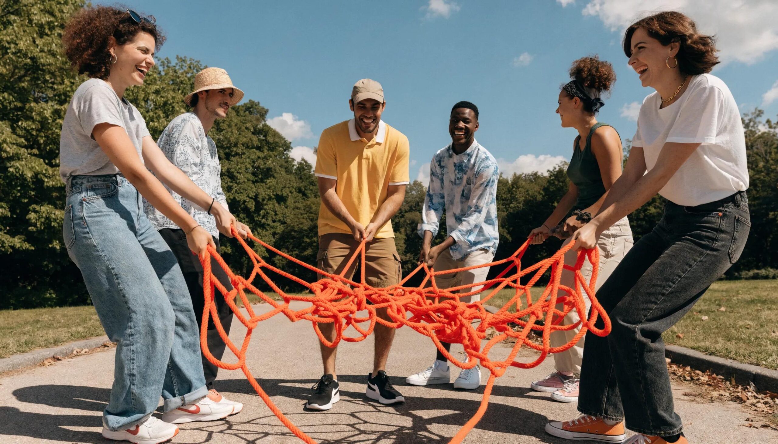 Employees engaged in a team-building activity promoting traditional group health insurance