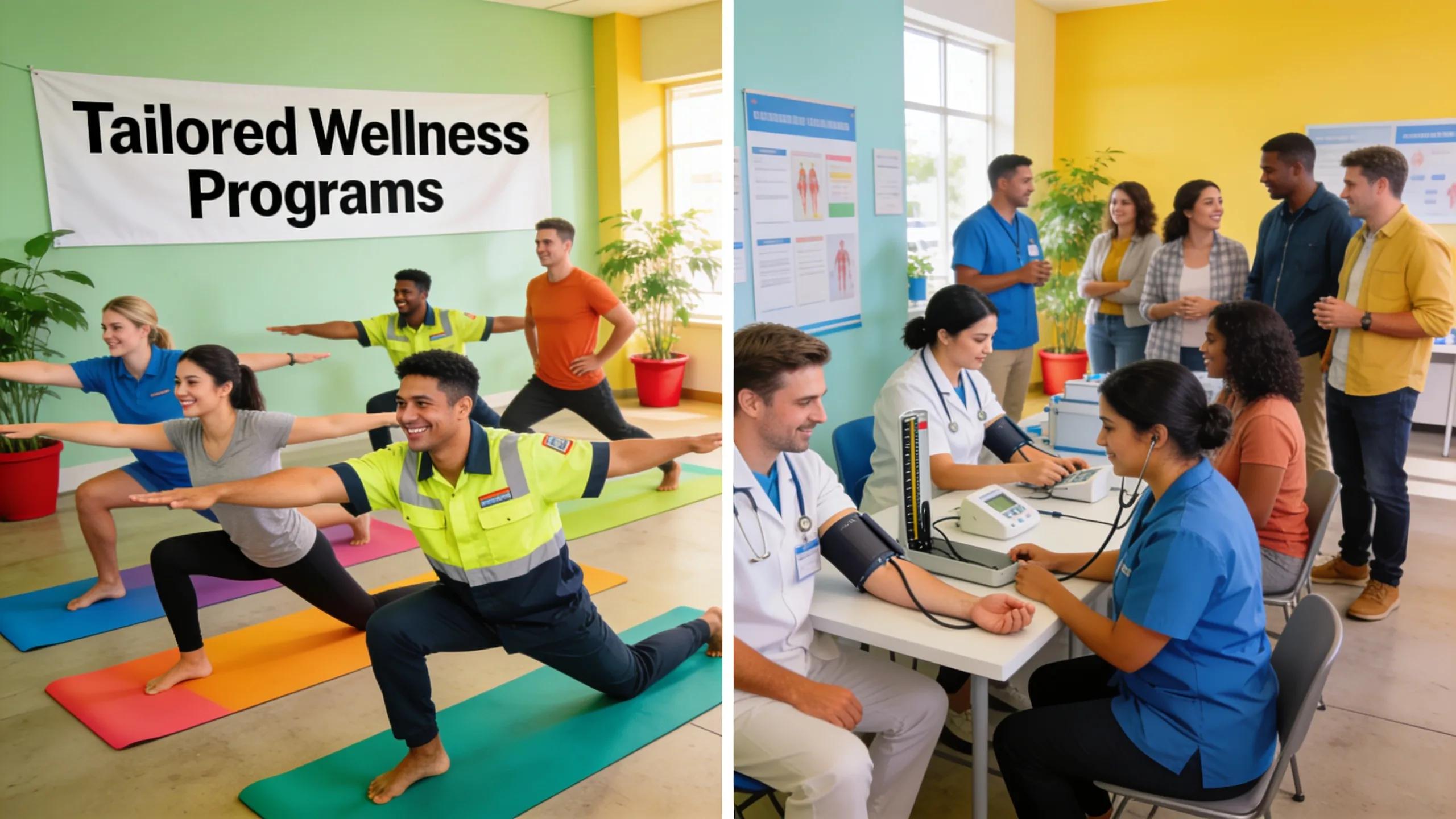 Employees engaged in wellness programs highlighting health benefits for industrial and retail sectors