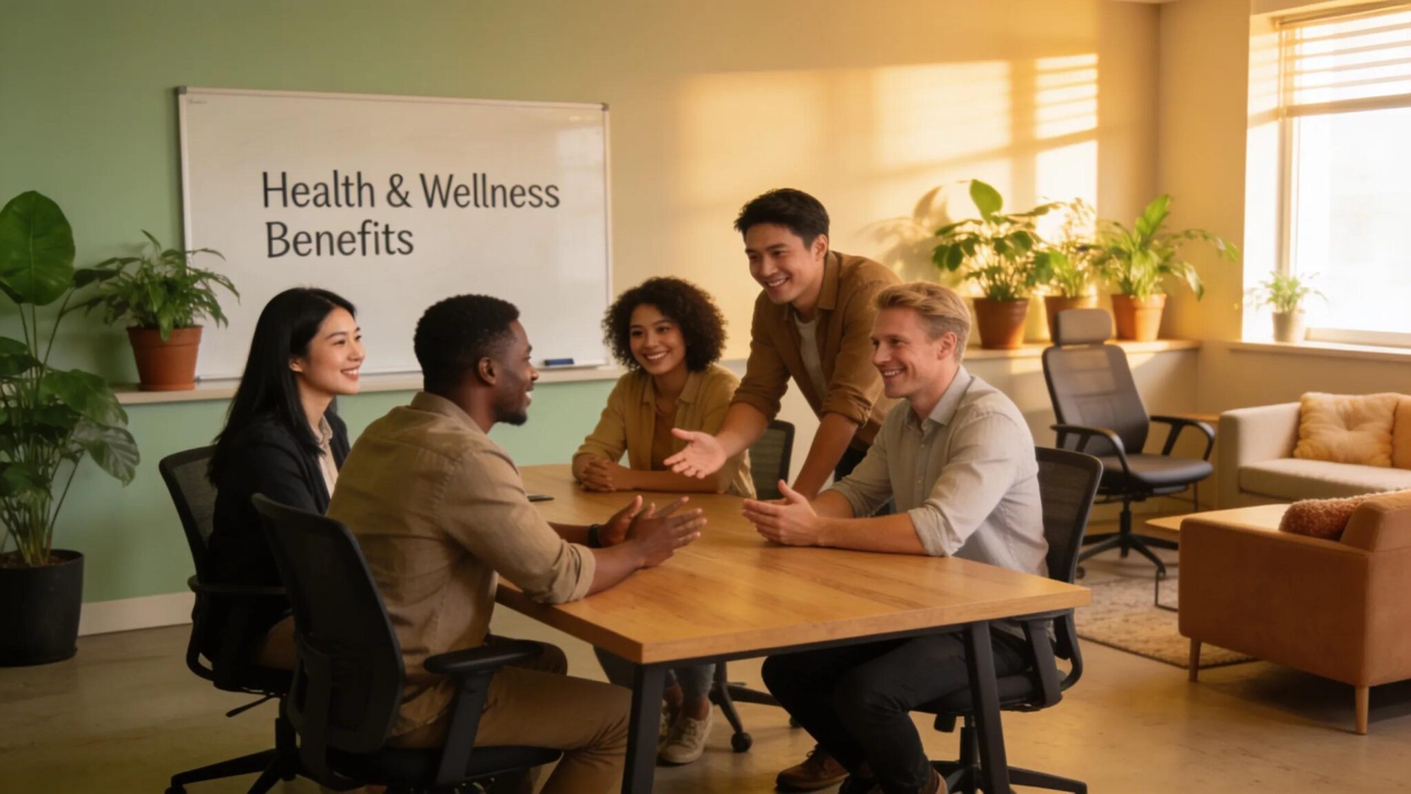 Group of professionals discussing health and wellness benefits in a modern office setting.