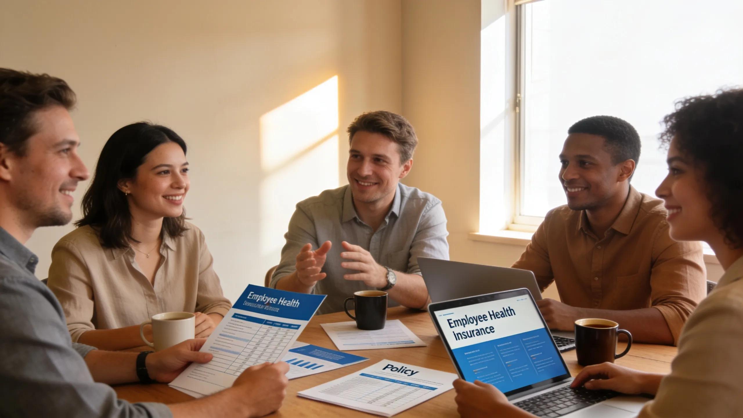 Small business owners collaboratively discussing employee health insurance options in a welcoming environment