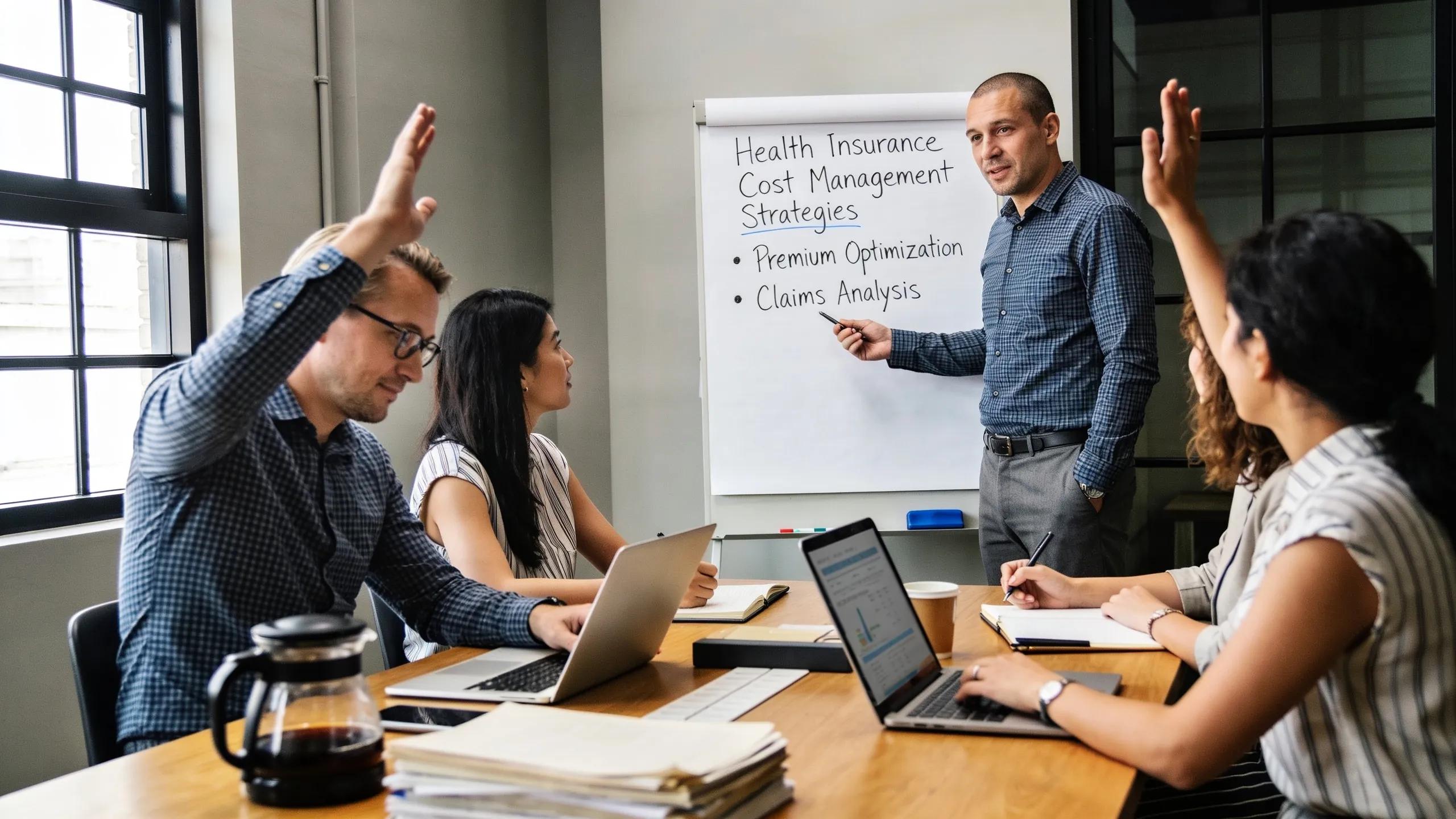 Team discussing cost management strategies for employee health insurance