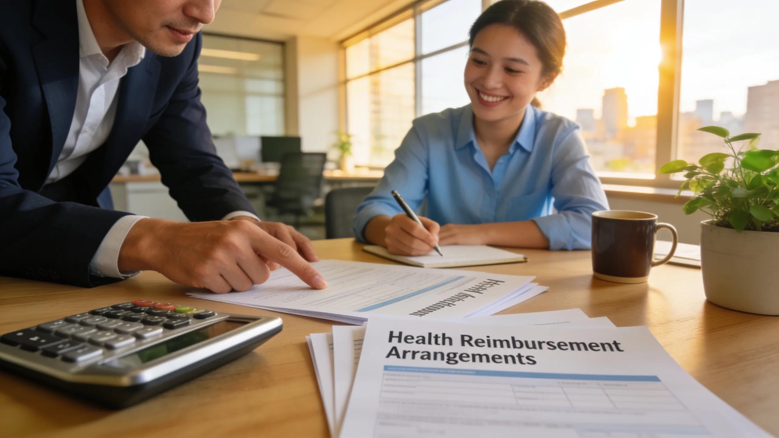 Small business owner discussing health reimbursement arrangements with an employee, illustrating cost-effective health benefits solutions