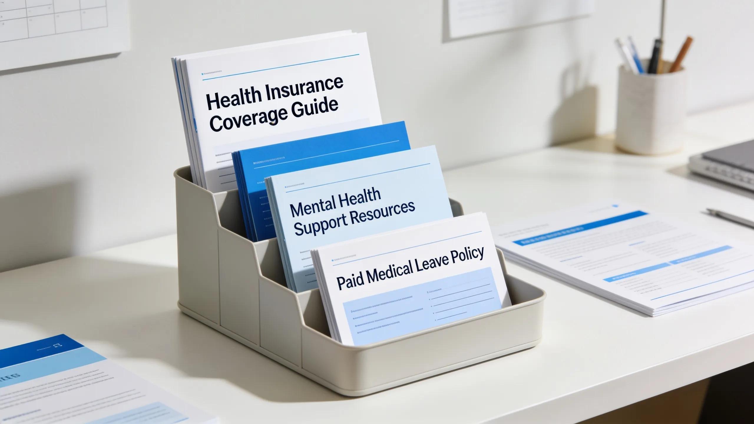 Health insurance brochures and benefits guidelines on a workspace highlighting mandatory benefits requirements