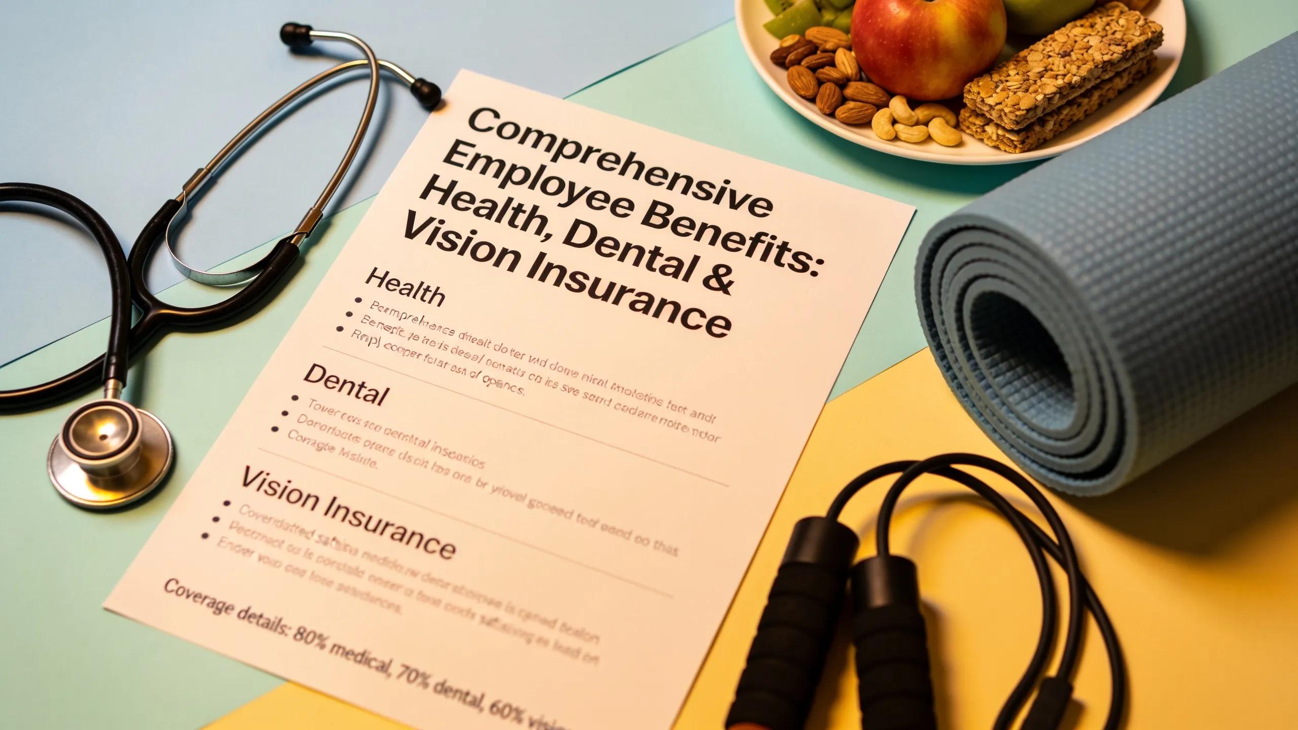 Close-up of a benefits brochure with health, dental, and wellness options for employees