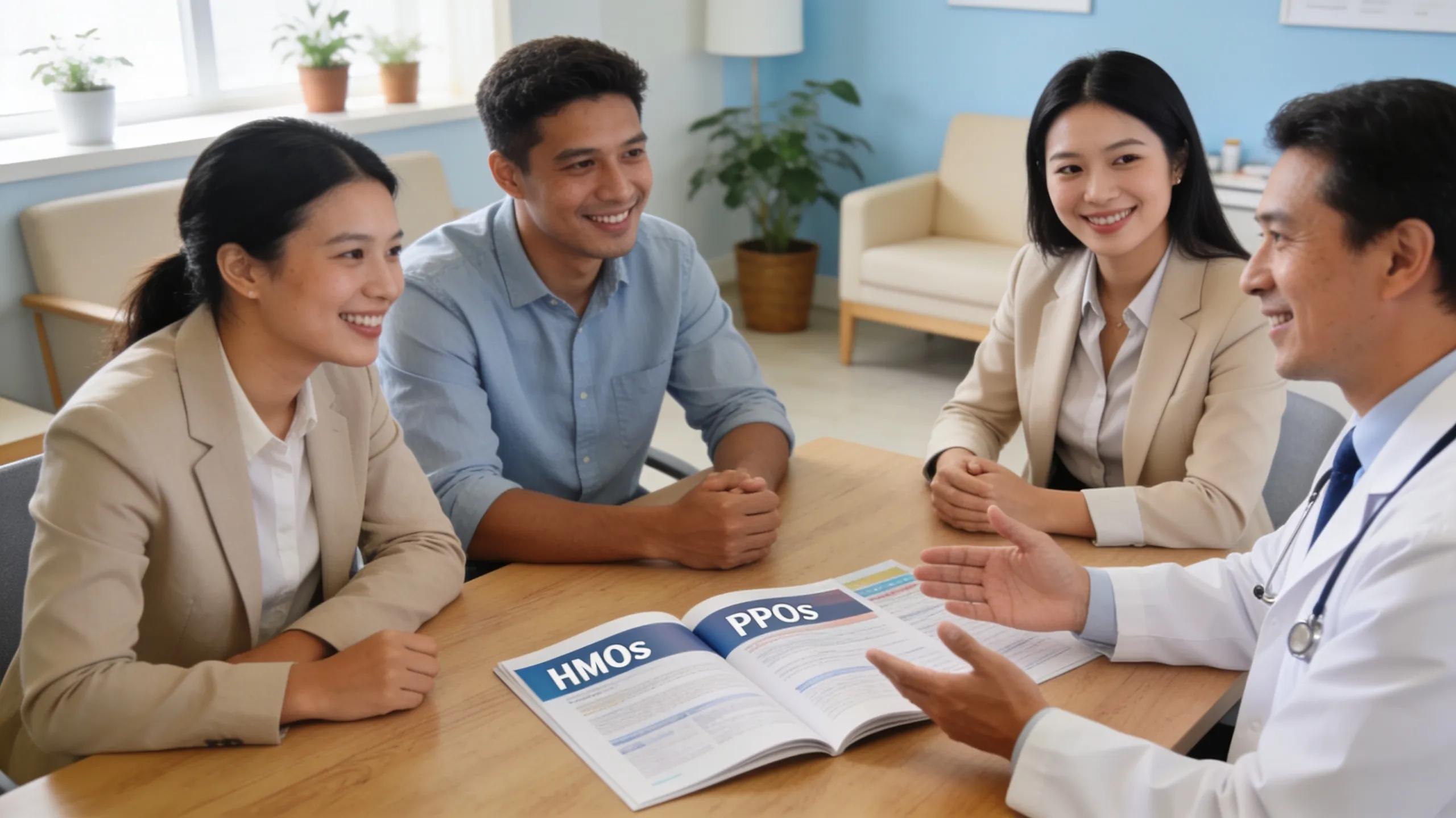Healthcare providers explaining various group health insurance plans to employees in a welcoming office environment
