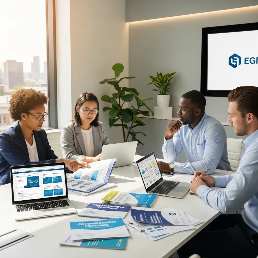 Diverse employees discussing health insurance options in a professional office setting