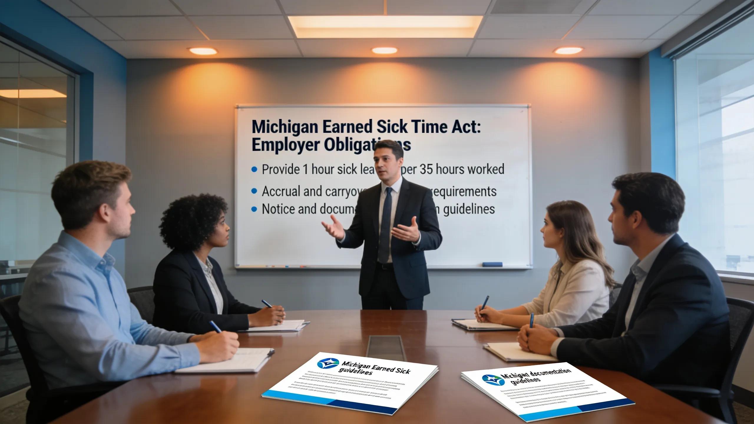 Employer training session on sick leave policies, emphasizing compliance with Michigan Earned Sick Time Act