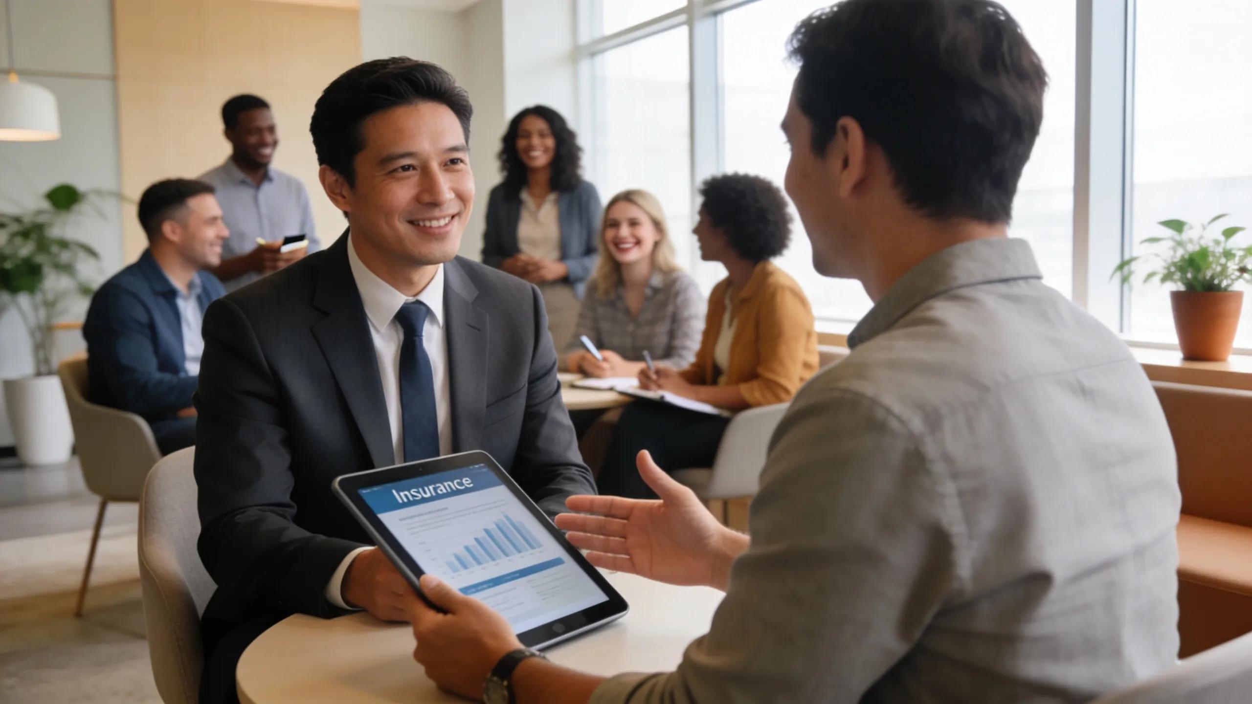 Business owner consulting with an employee benefits broker in a professional office setting