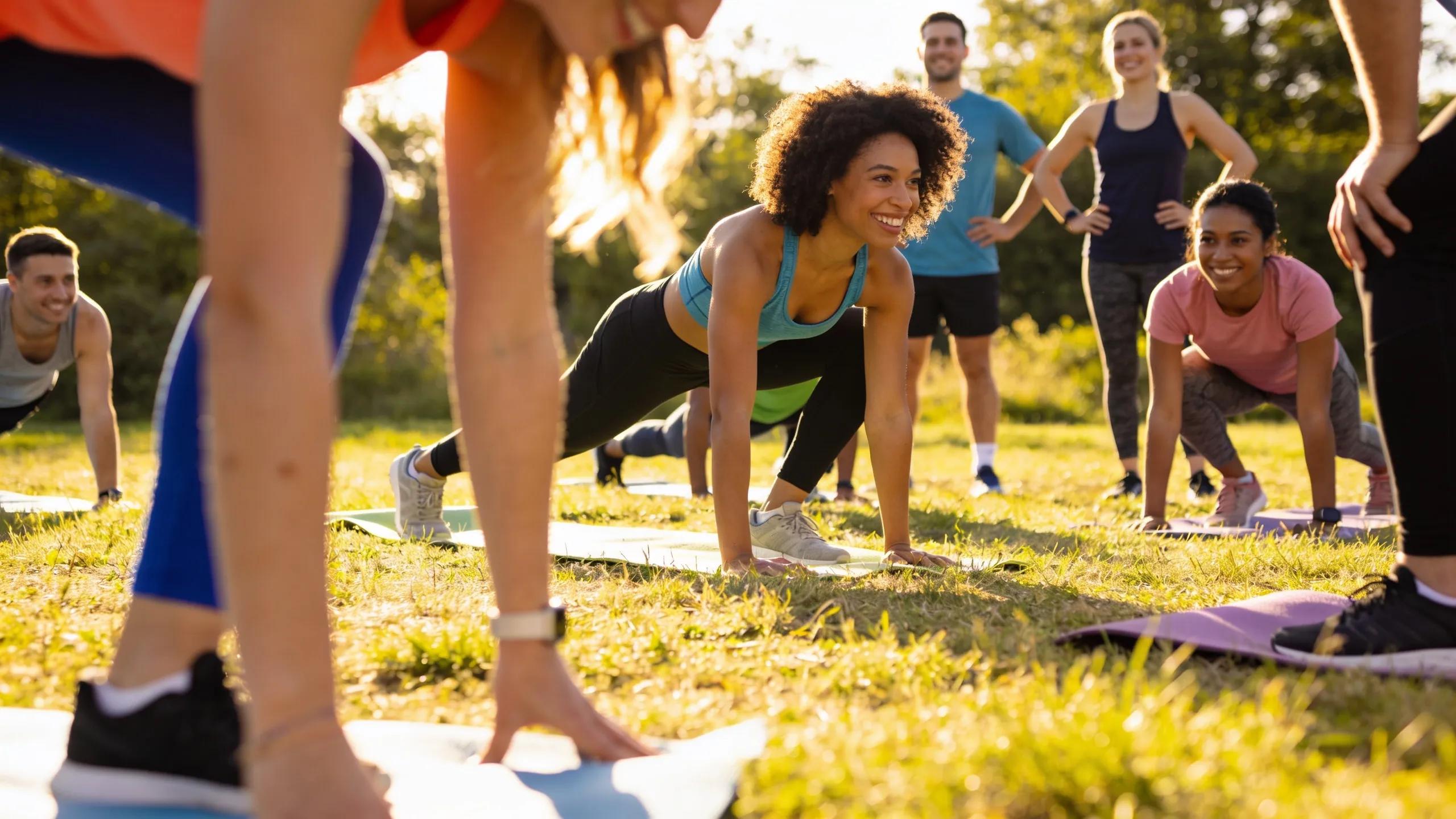 Diverse employees engaging in a fitness group activity outdoors, representing health and wellness initiatives in the workplace