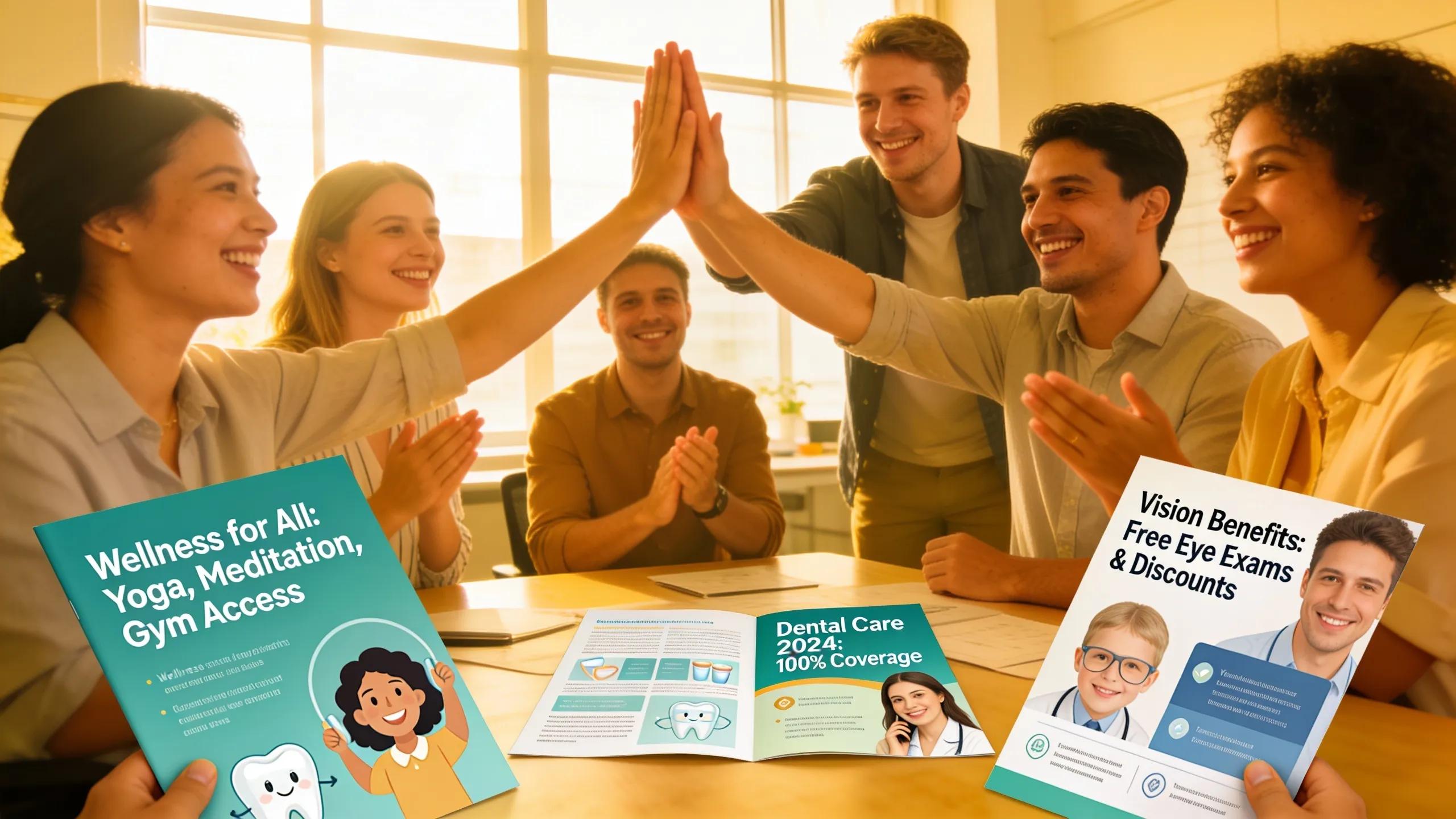 Small business team celebrating new employee benefits package in an uplifting office setting