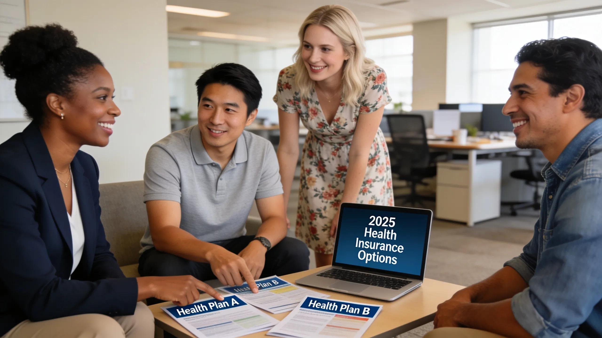 Employees engaging in a discussion about health insurance options in a modern office setting