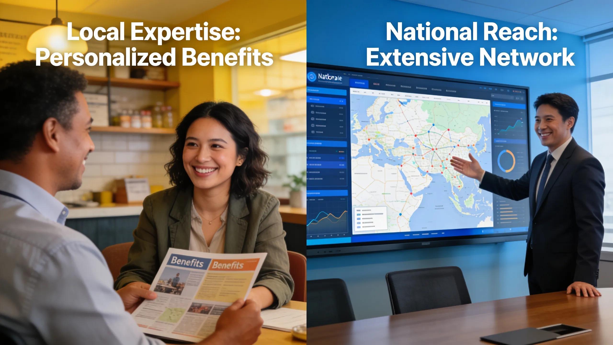 Local insurance agent consulting with an employer versus national insurance representative presenting coverage options