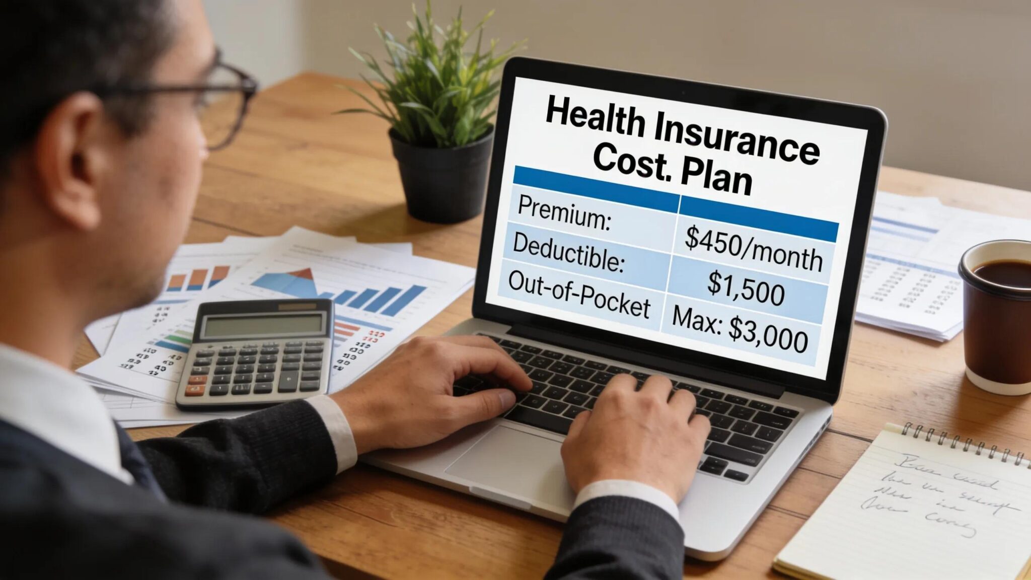 Employer reviewing health insurance cost plan details on laptop, illustrating financial management of employee benefits.