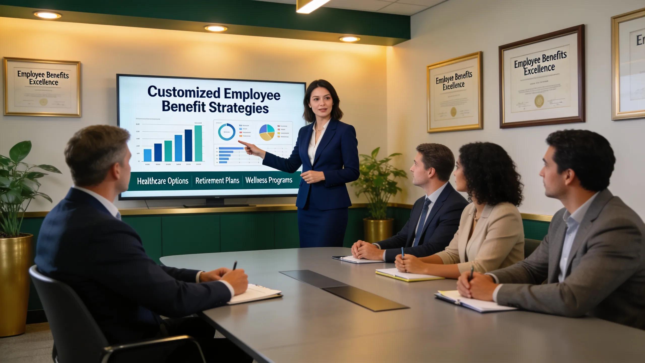 Corporate consultant presenting employee benefit strategies to a small business team in a professional office