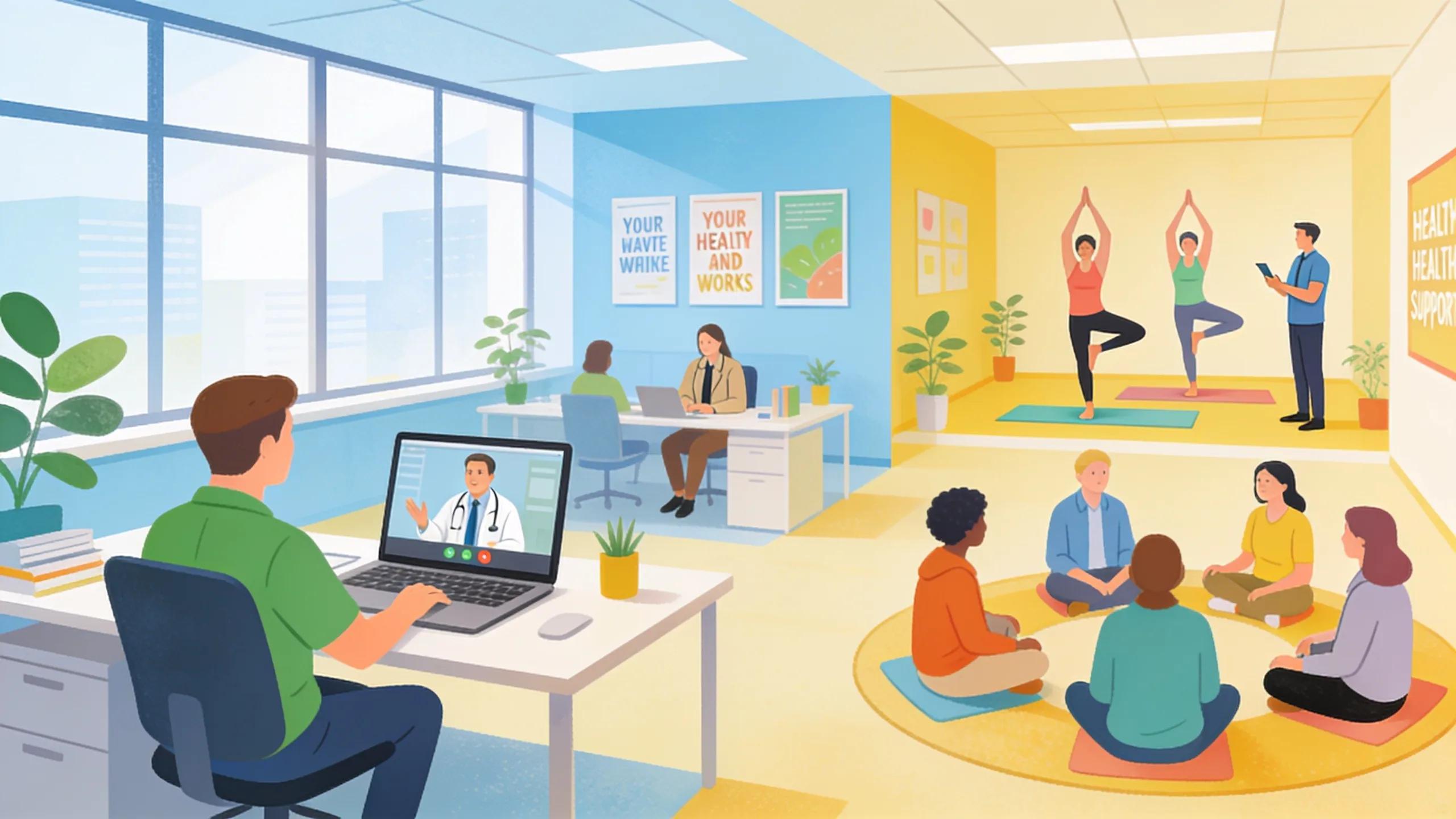 Employees participating in wellness trends like telehealth, fitness, and mental health support