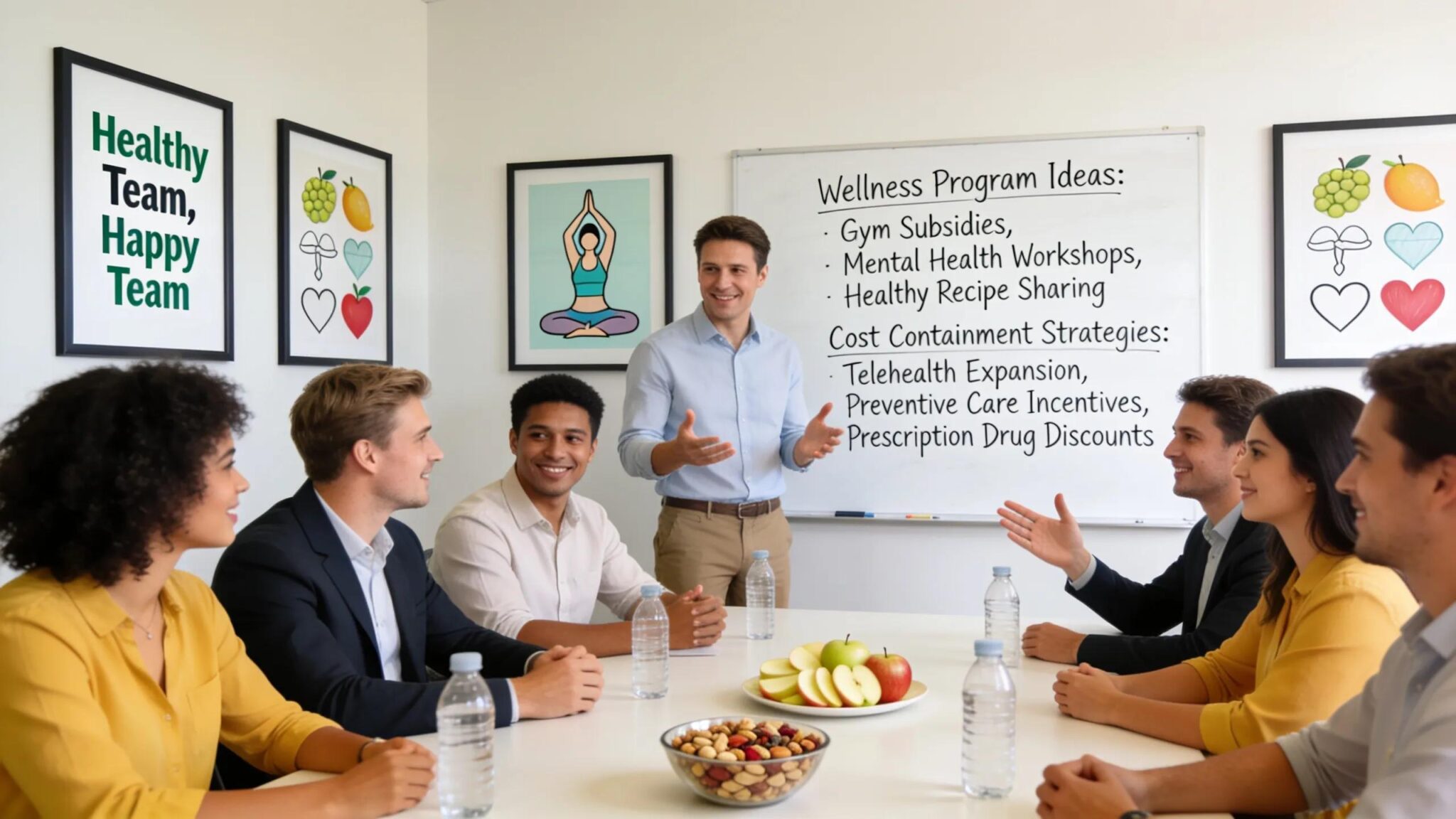 Team brainstorming ideas for cost containment and wellness programs in a bright office environment