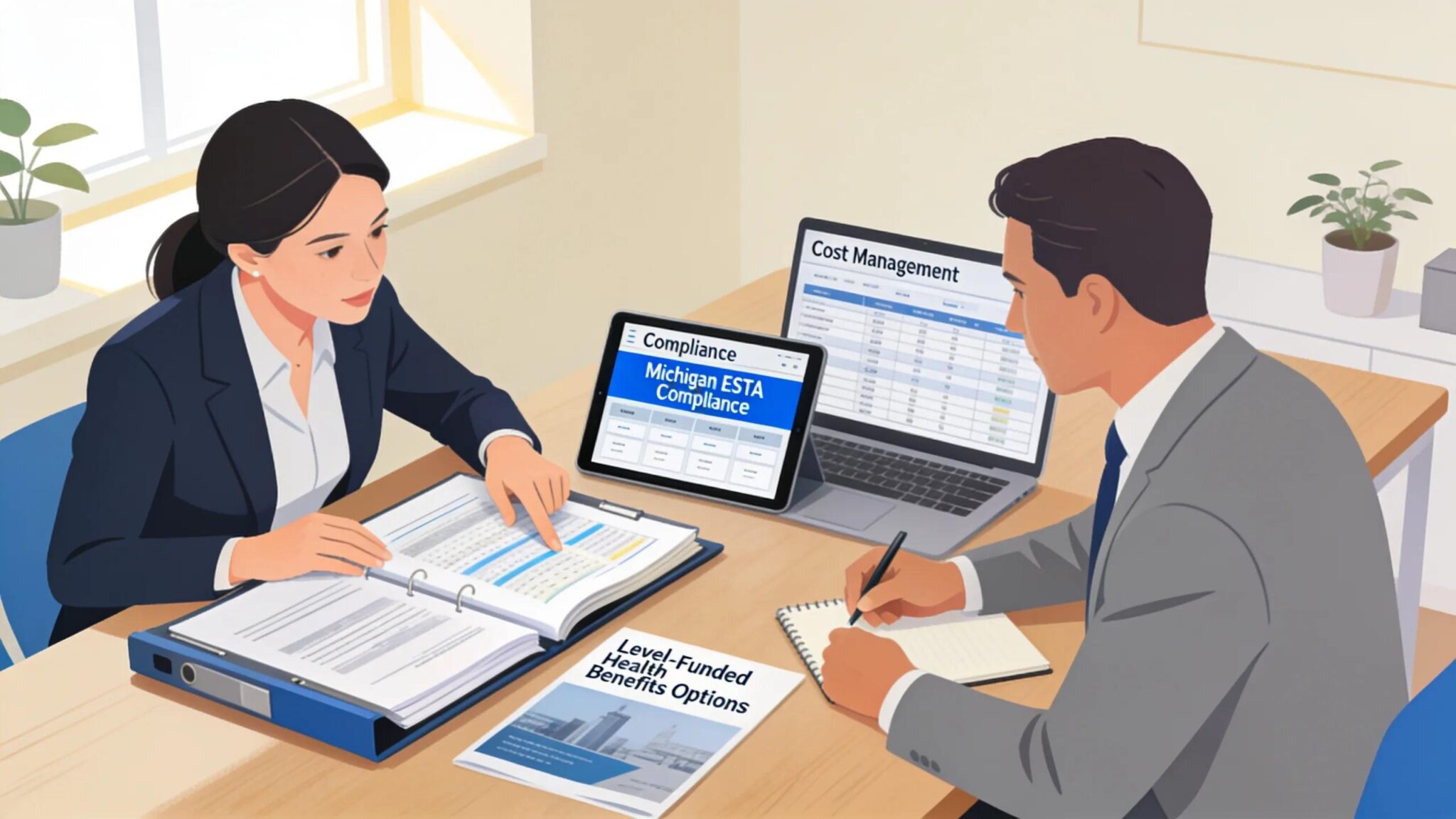 Employer and compliance officer reviewing health benefits compliance documents
